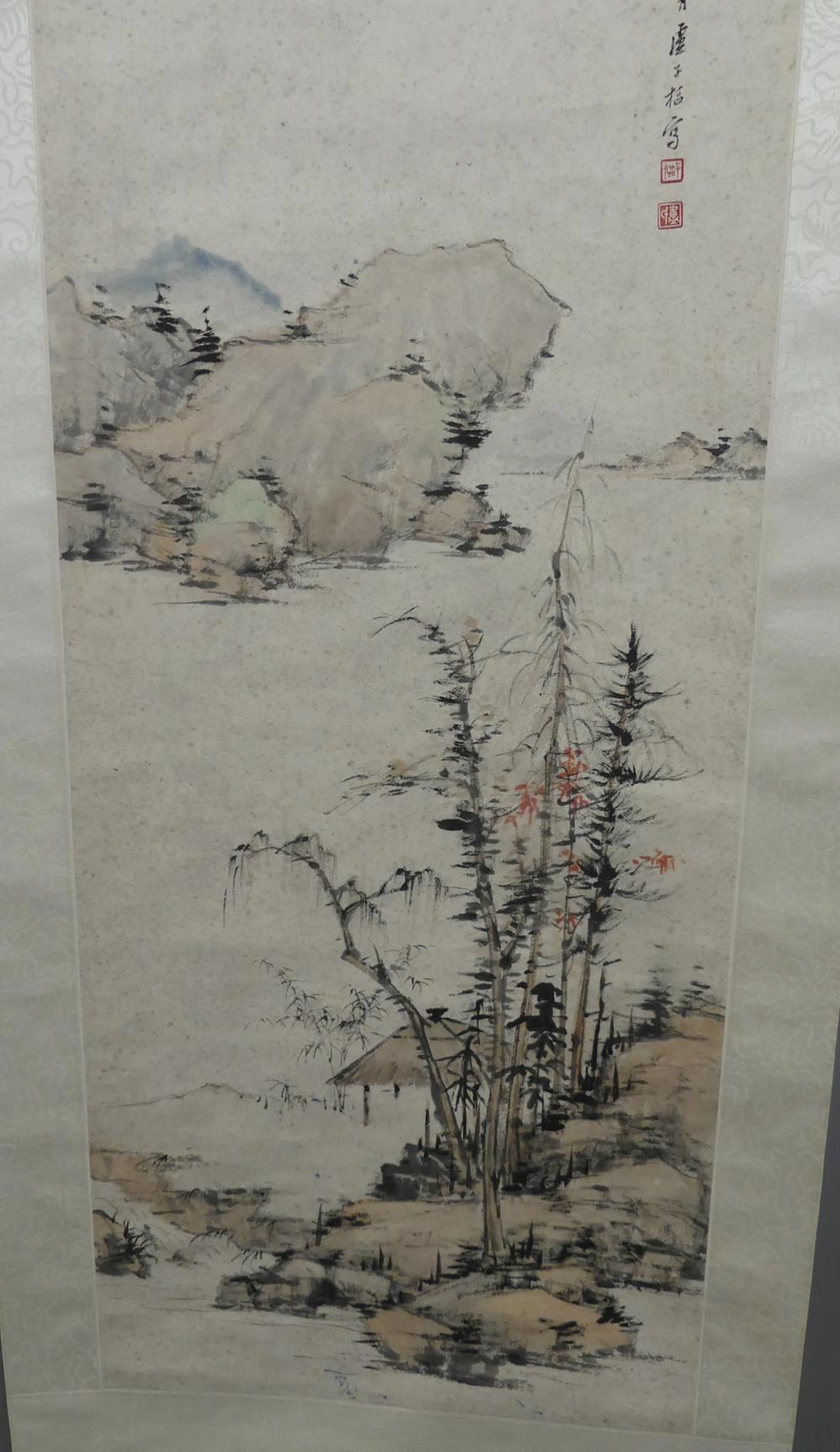 CHINESE PAINTED SCROLL - TREES ON LAKE BY LU ZISHU