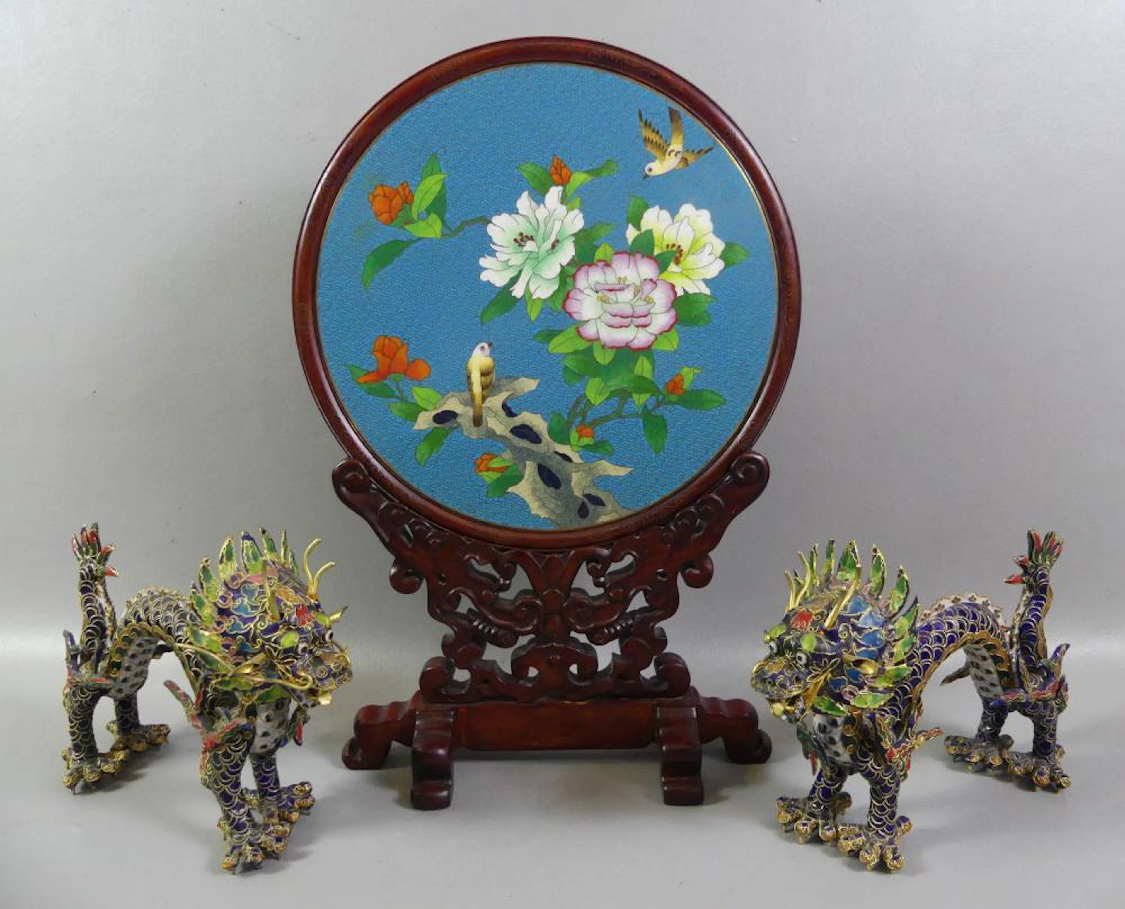 CHINESE CLOISONNE DISK & 2 DRAGONS