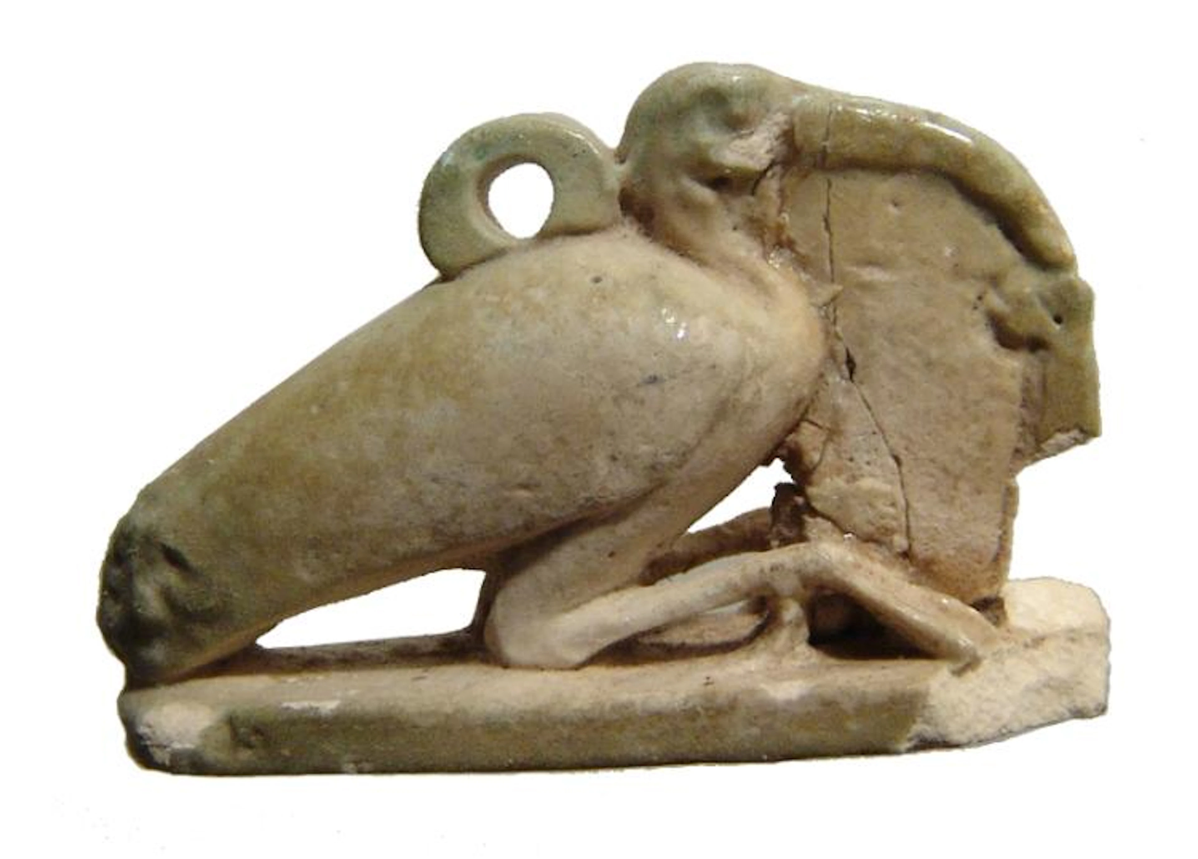 Egyptian faience amulet of an Ibis with Ma'at feather