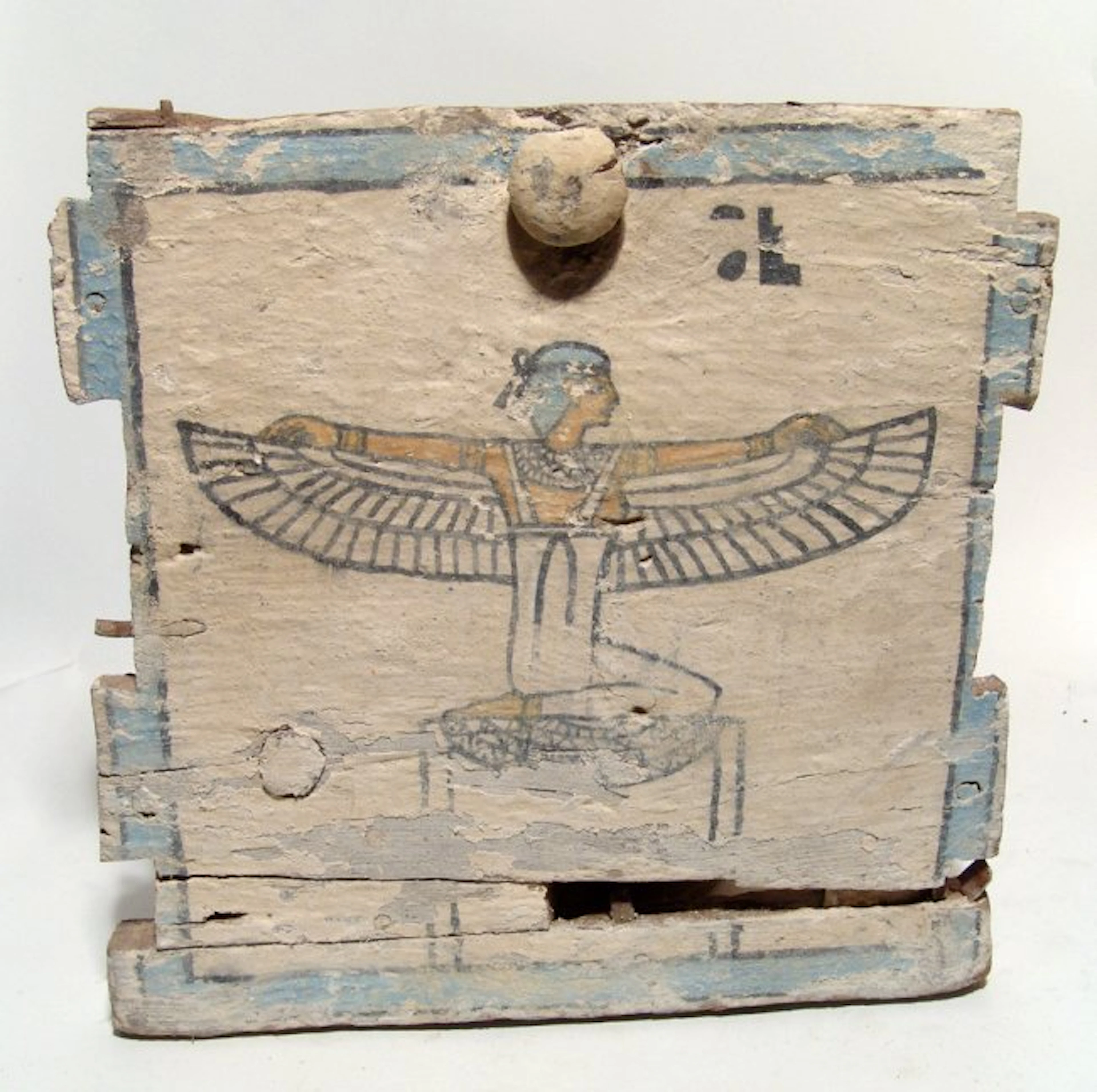 A beautiful Egyptian wood ushabti box side depicting Isis, Late Period
