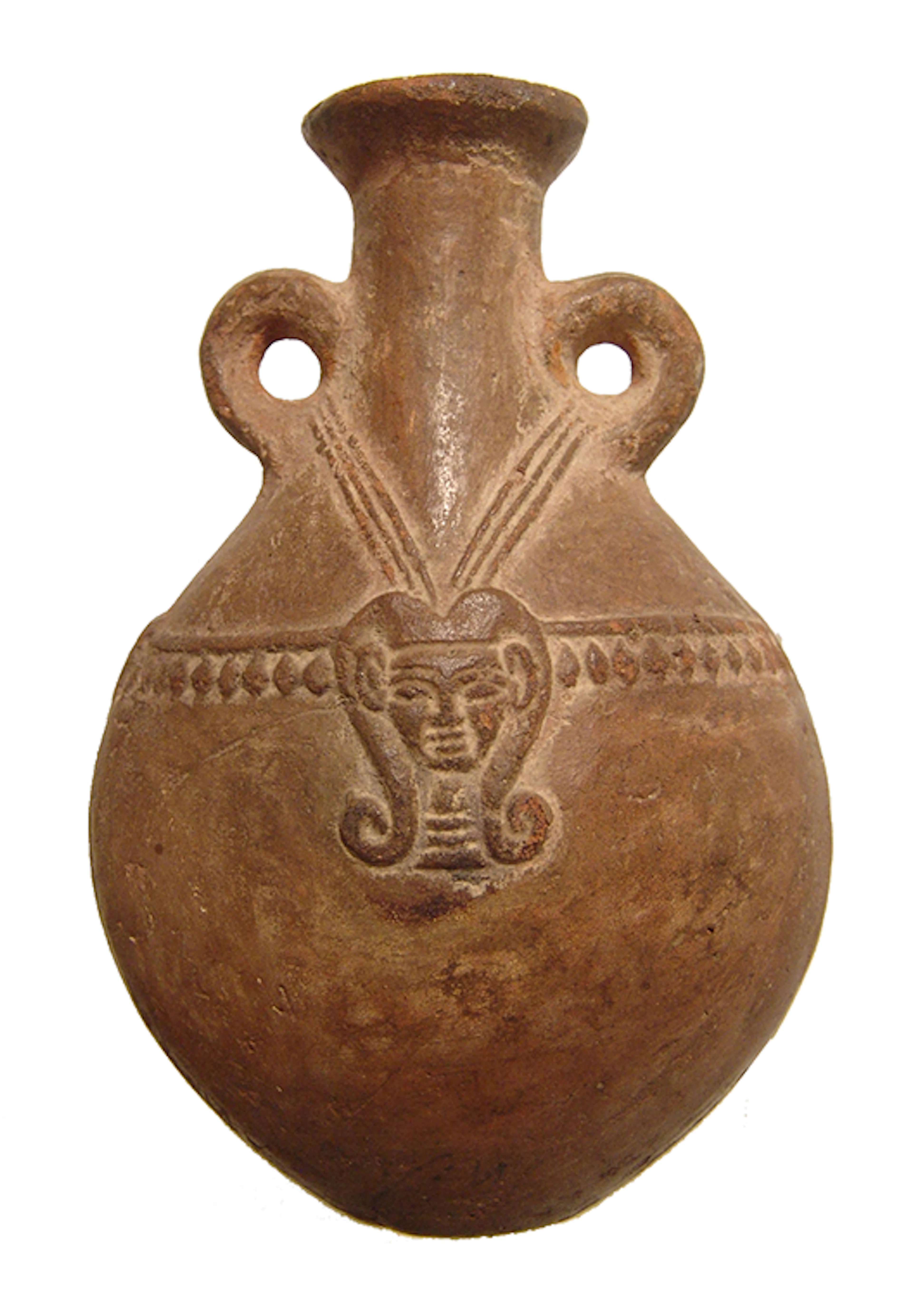 Egyptian ceramic flask with central head of Hathor