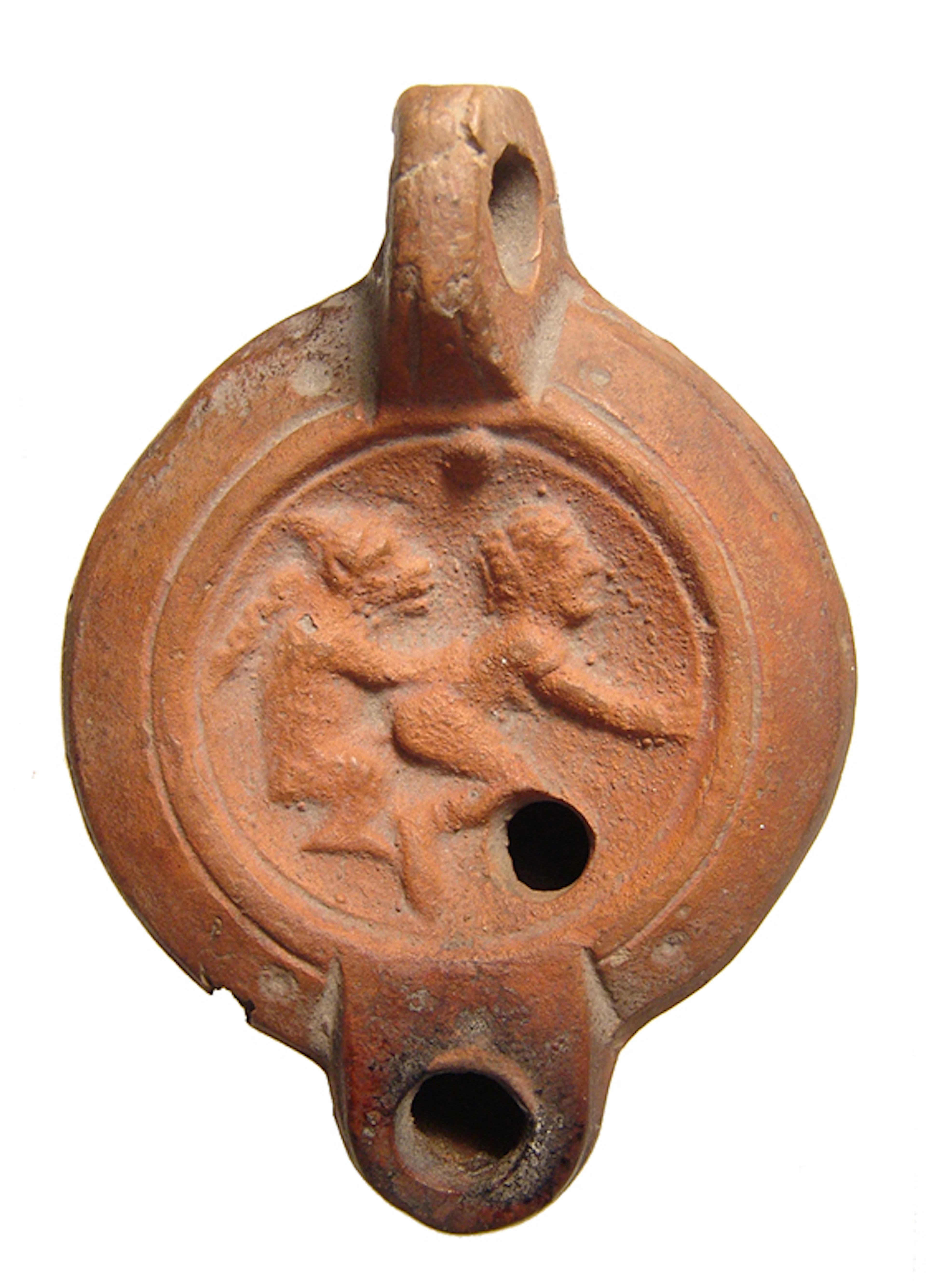 Interesting Roman erotic lamp, woman and monkey