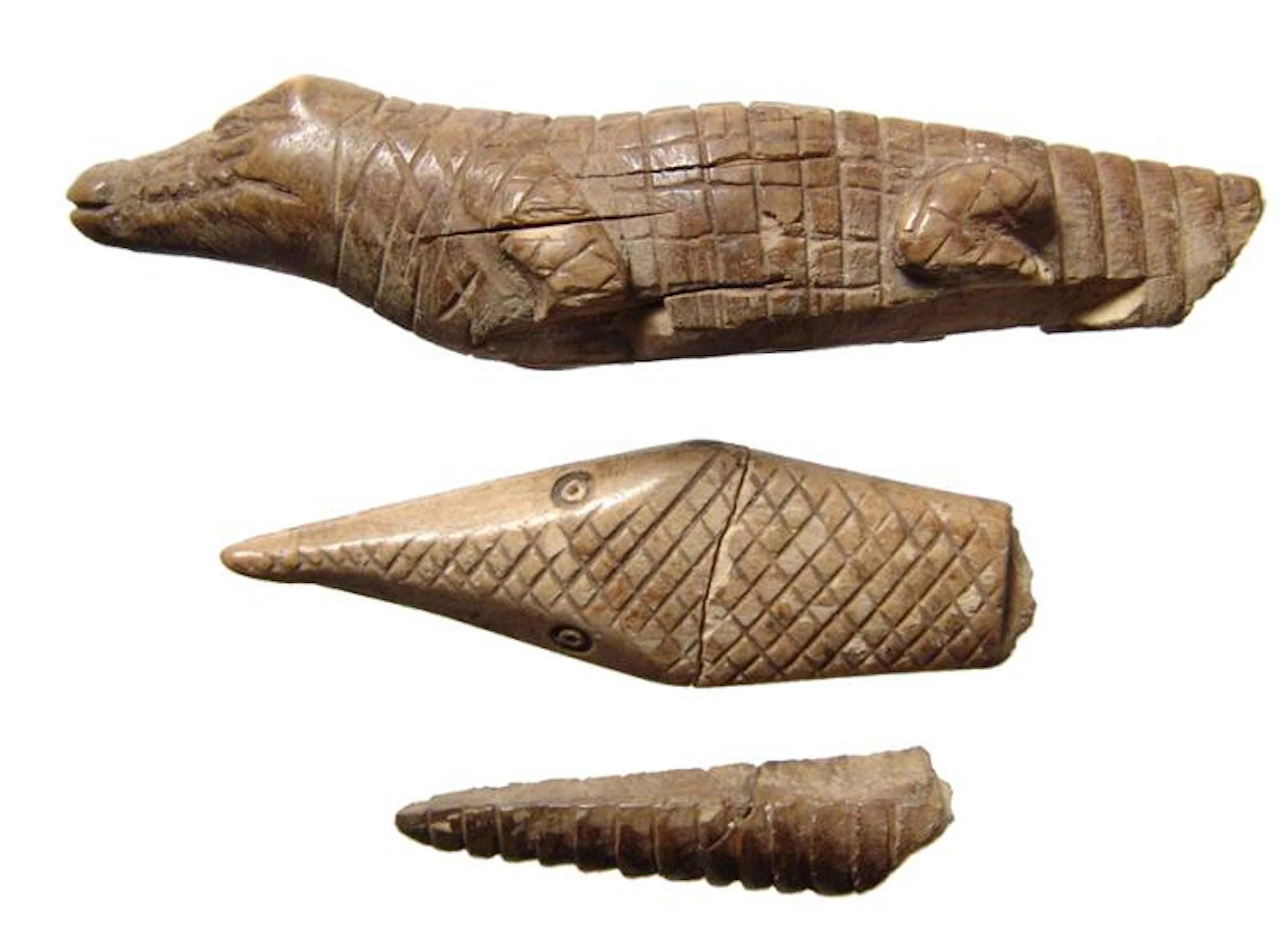 Trio of Egyptian bone crocodilian inlay fragments