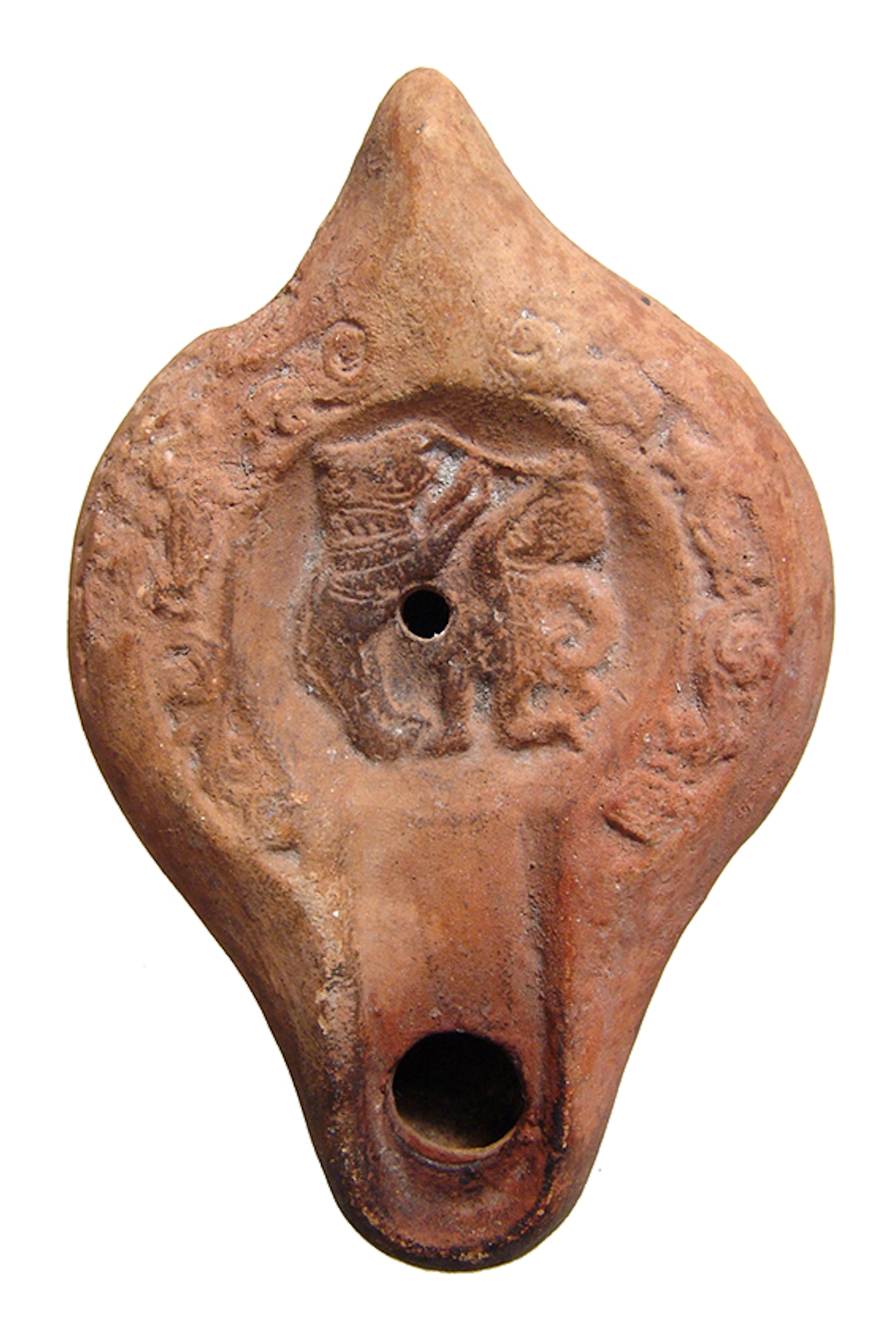 Roman discus lamp depicting gladiator fighting a bear
