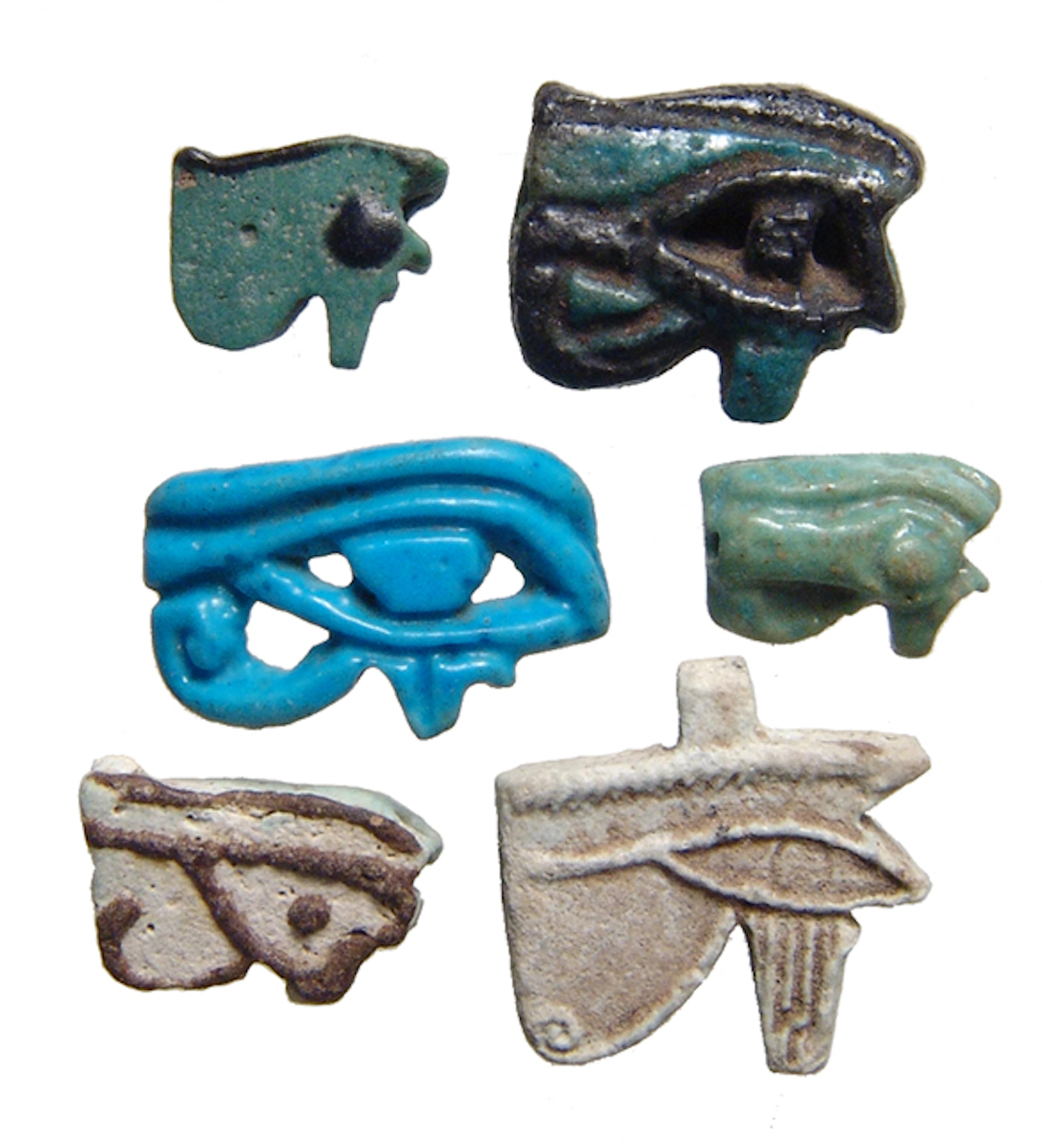 5 faience Eye of Horus amulets of different types