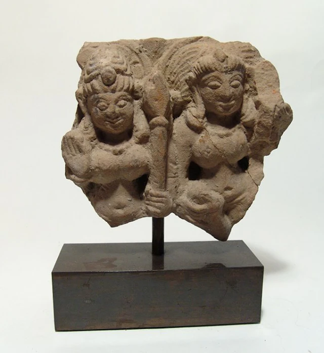Indian sandstone relief depicting a pair of female deities
