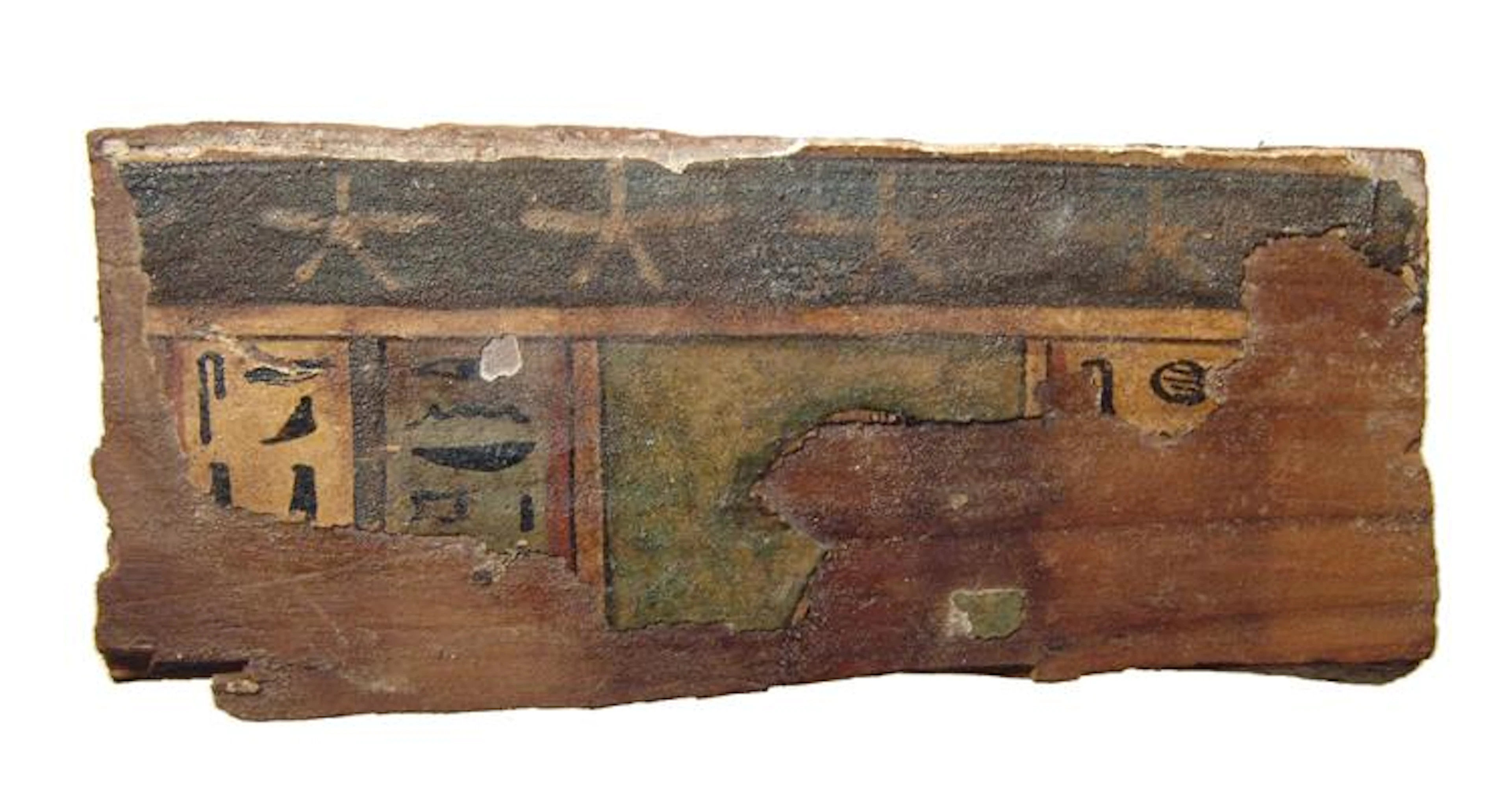 Egyptian wooden coffin fragment with painted gesso
