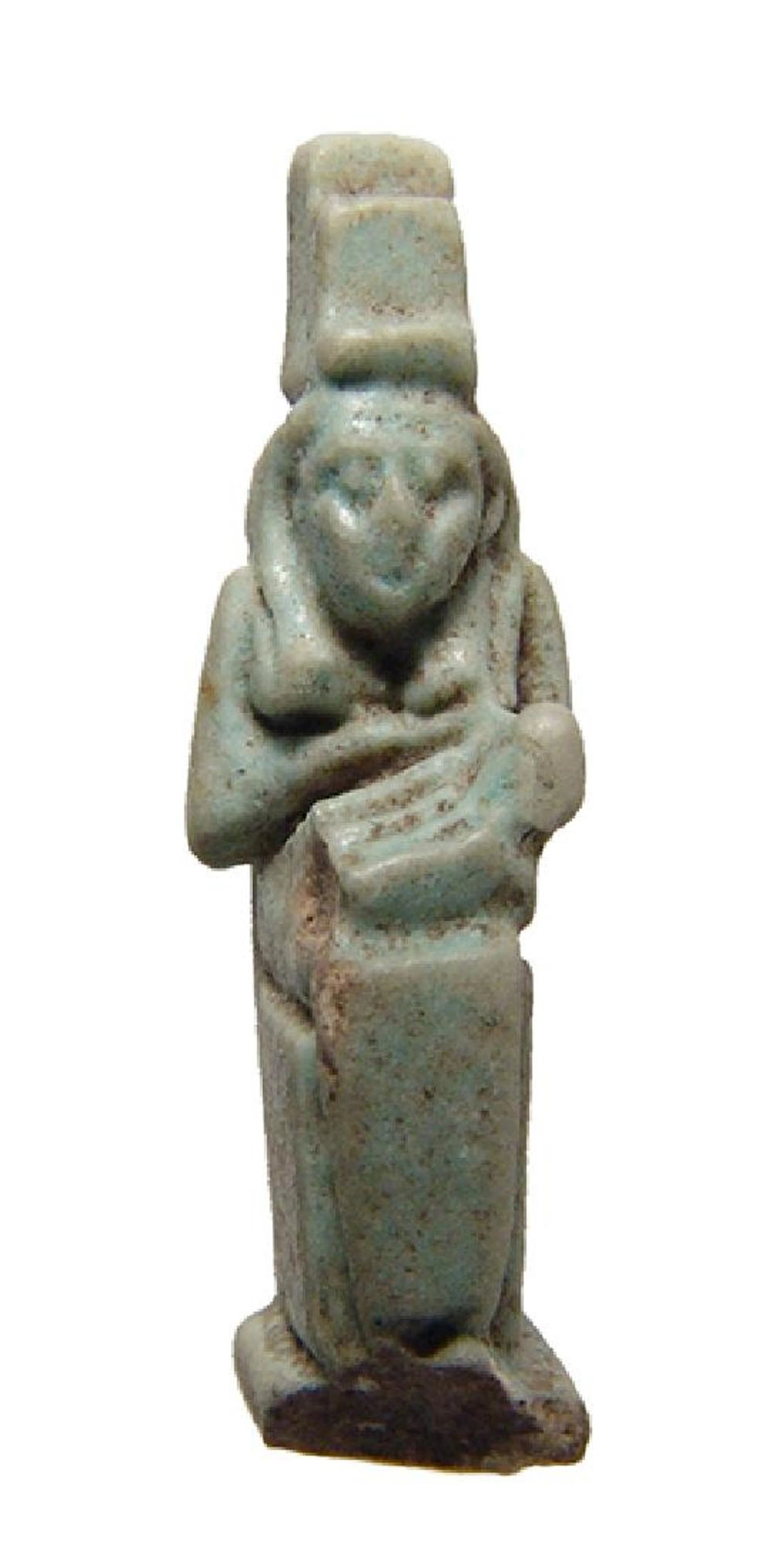 Egyptian faience amulet depicting Isis and Horus