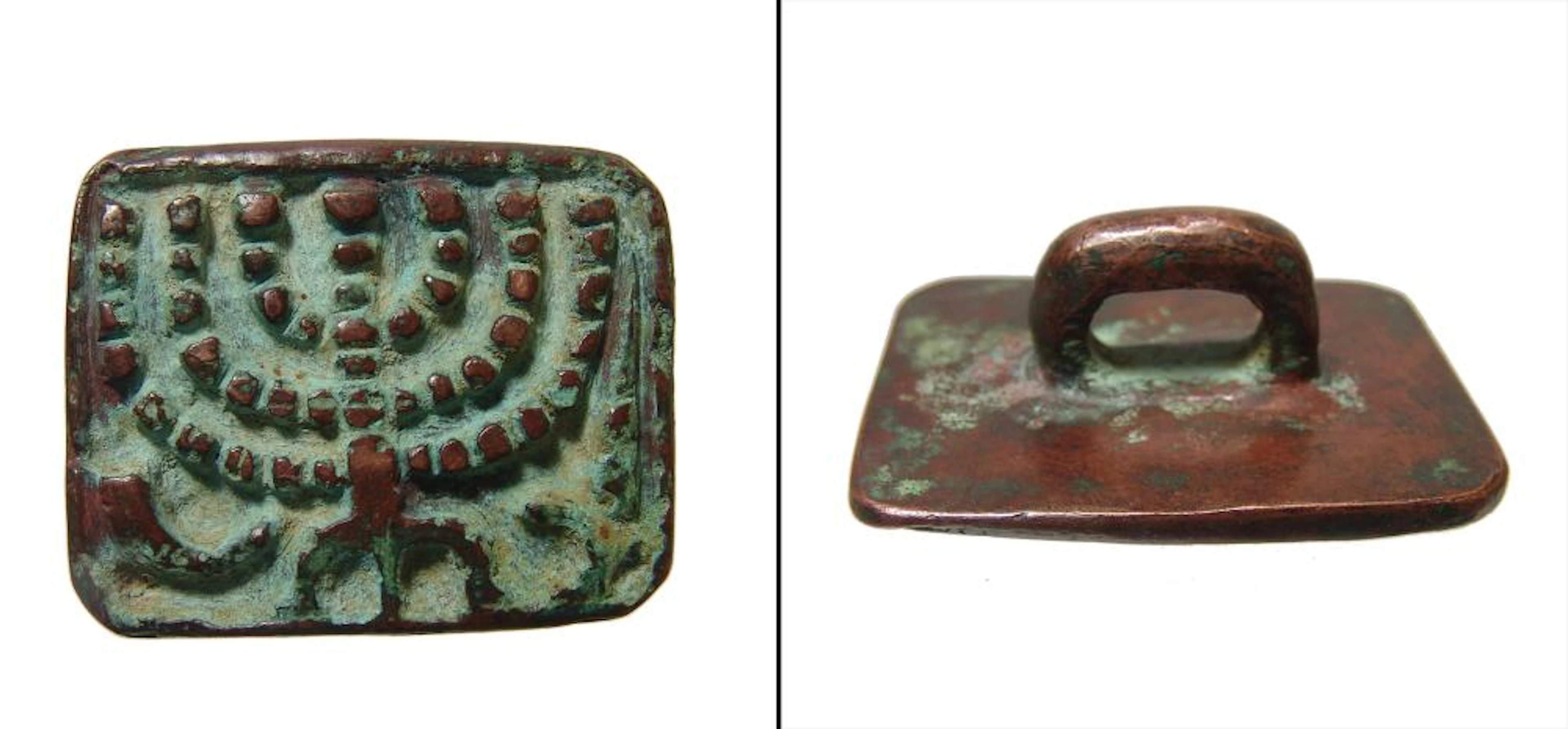 Important Byzantine bronze bread stamp with a menorah