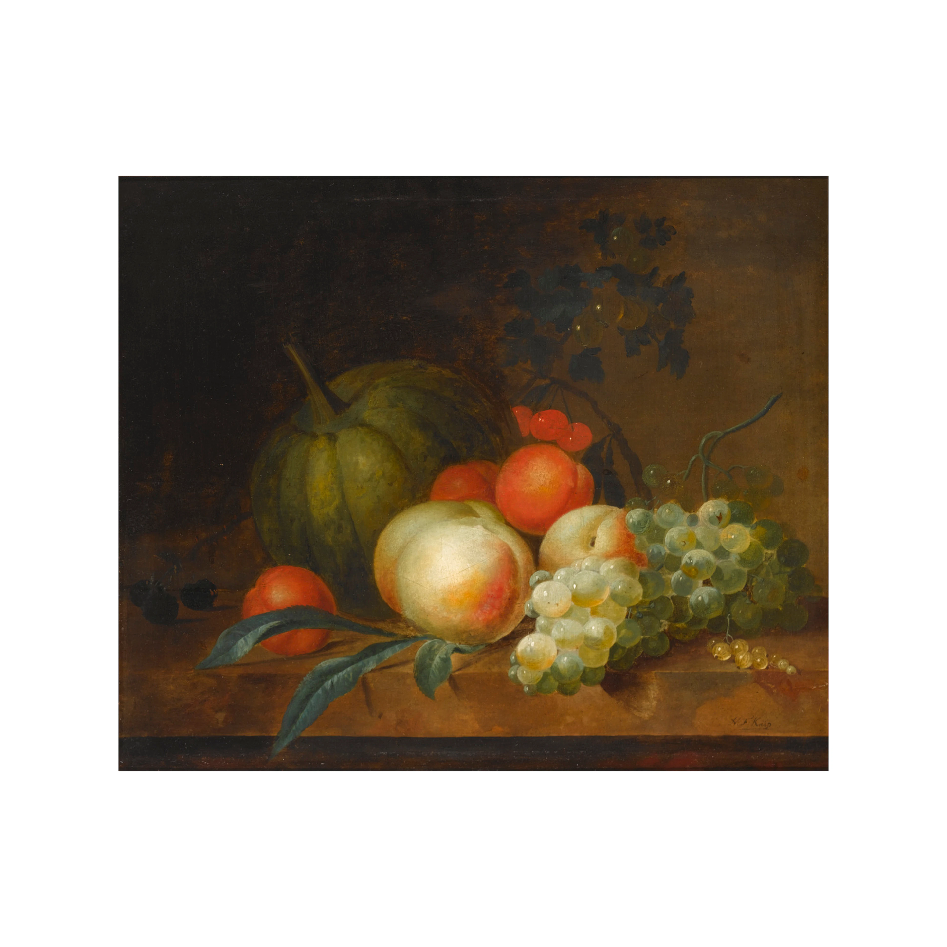 A still life with two peaches, grapes, plums and a mellon, all on a wooden ledge