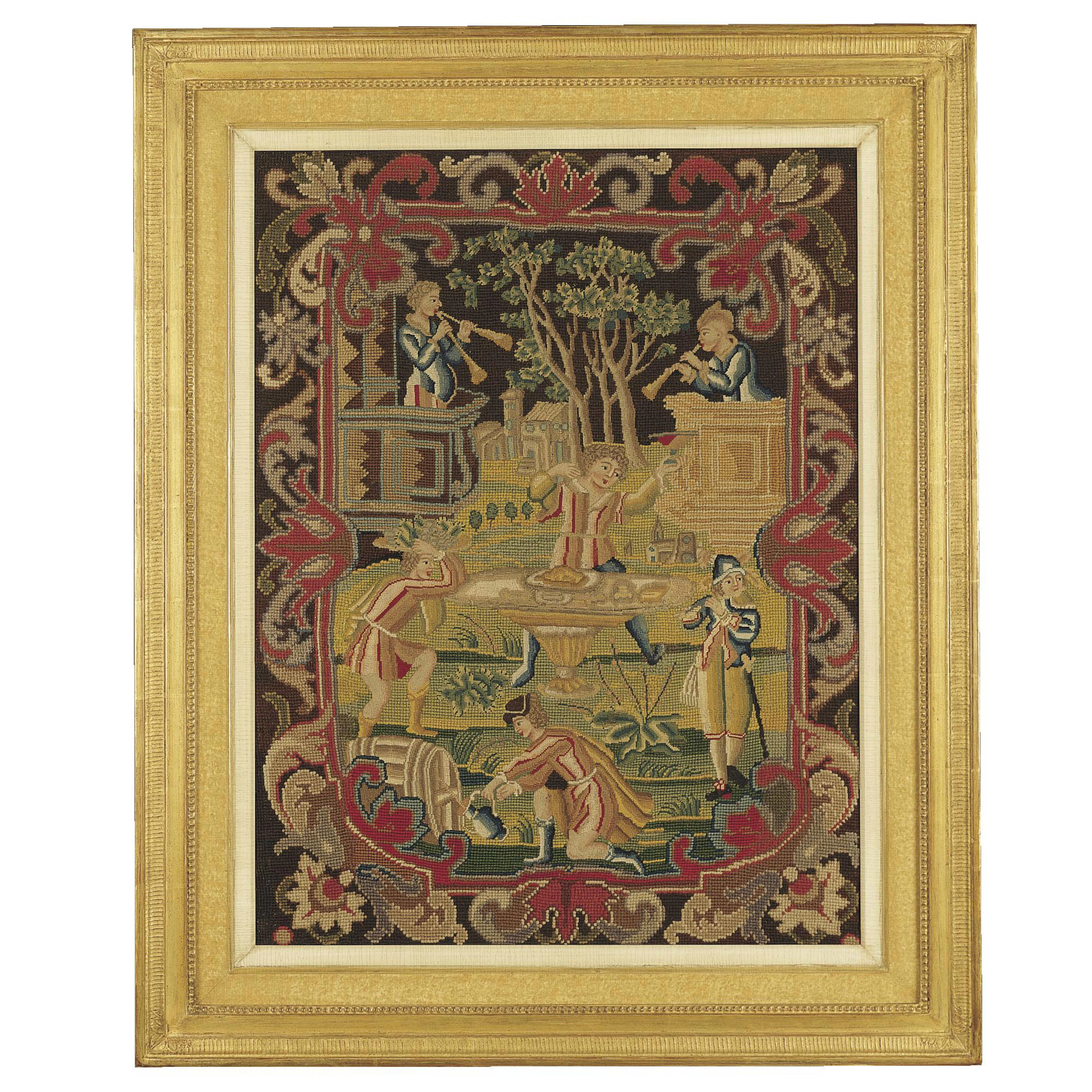 A French needlework panel with musicians, circa 1740