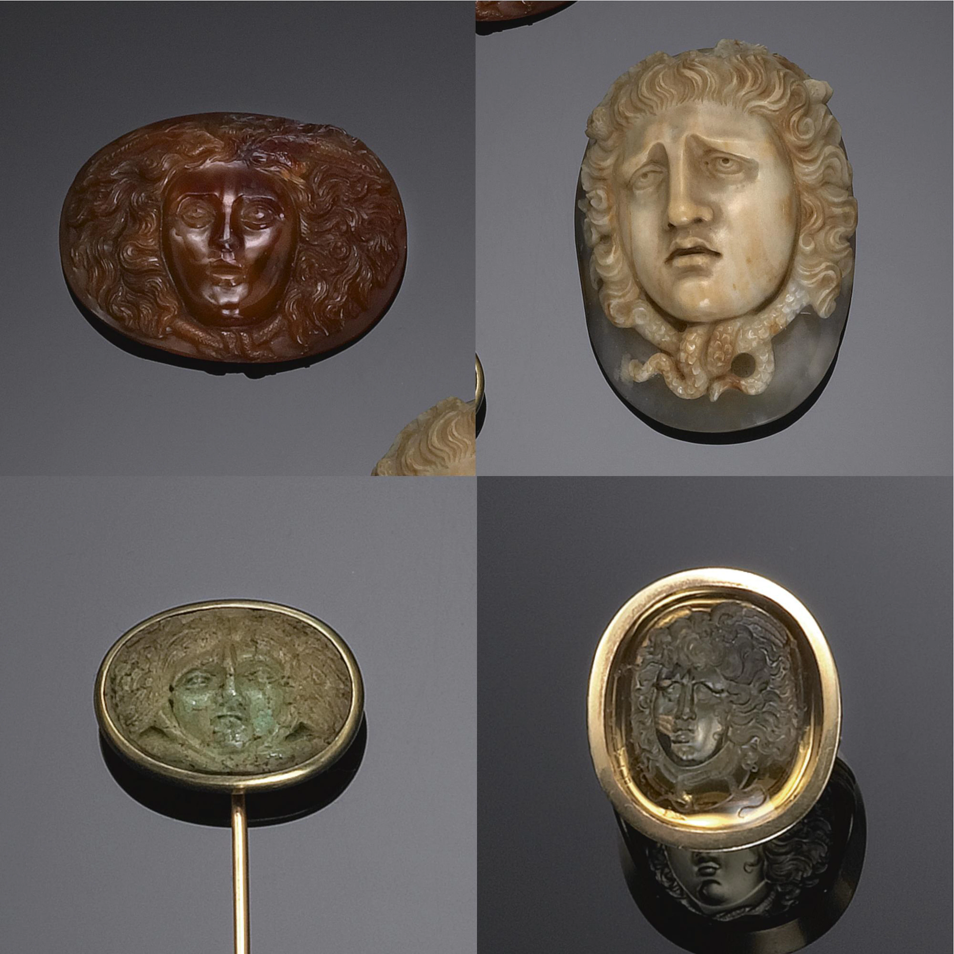Rif 31 Medusa corniola, medusa calcedonio/agata, spillone da cravatta, medusa turchese ossidata, anello quarzo citrino