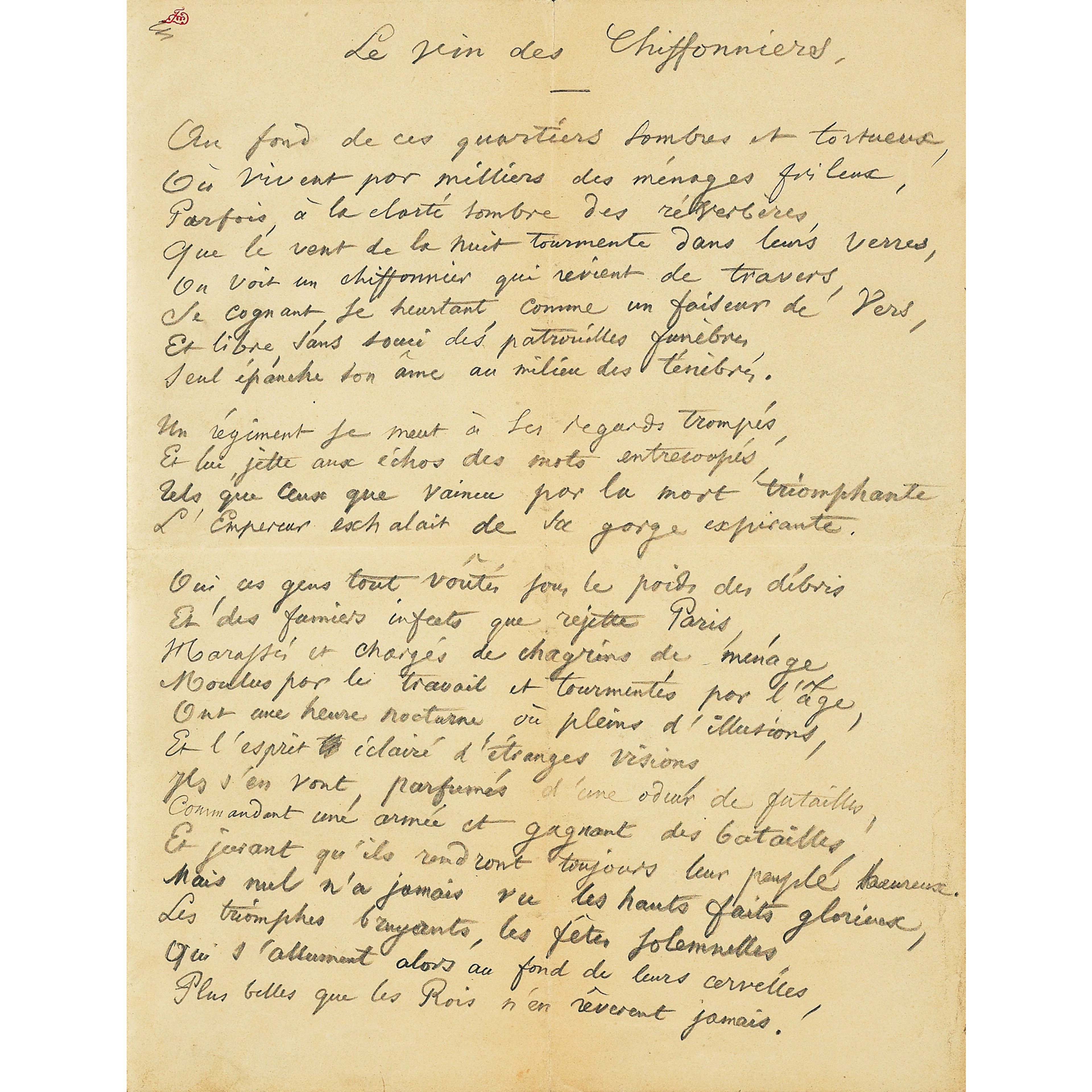 Le Vin des Chiffonniers.[Manuscrit autographe signé].(Entre 1843 et 1848). 