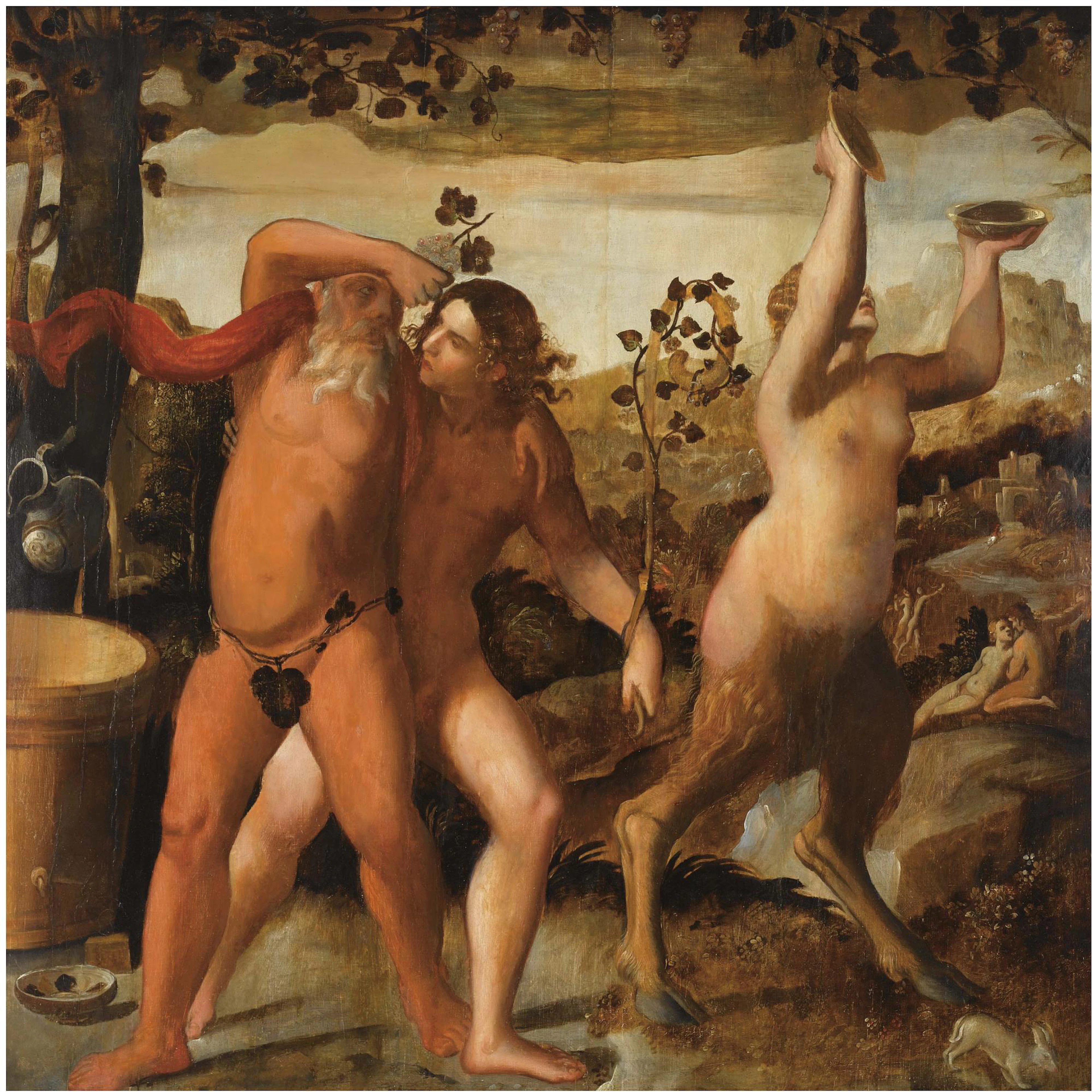 A Bacchanal scene with the drunken Silenus and bacchants cavorting in a vineyard