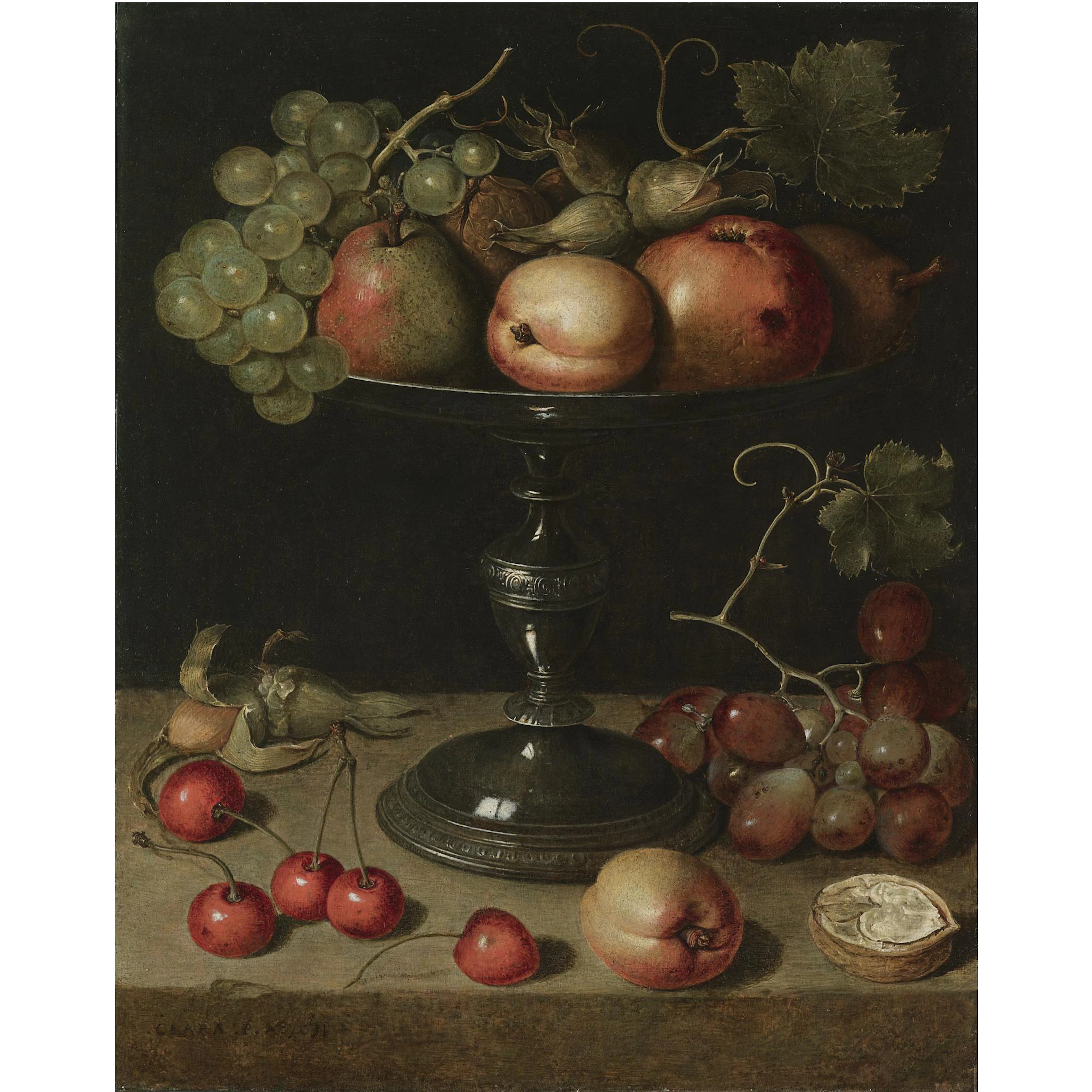 still life with pears, an apple, an apricot, almonds and walnuts on a tazza with grapes, a walnut, an apricot, cherries and almonds on a stone ledge