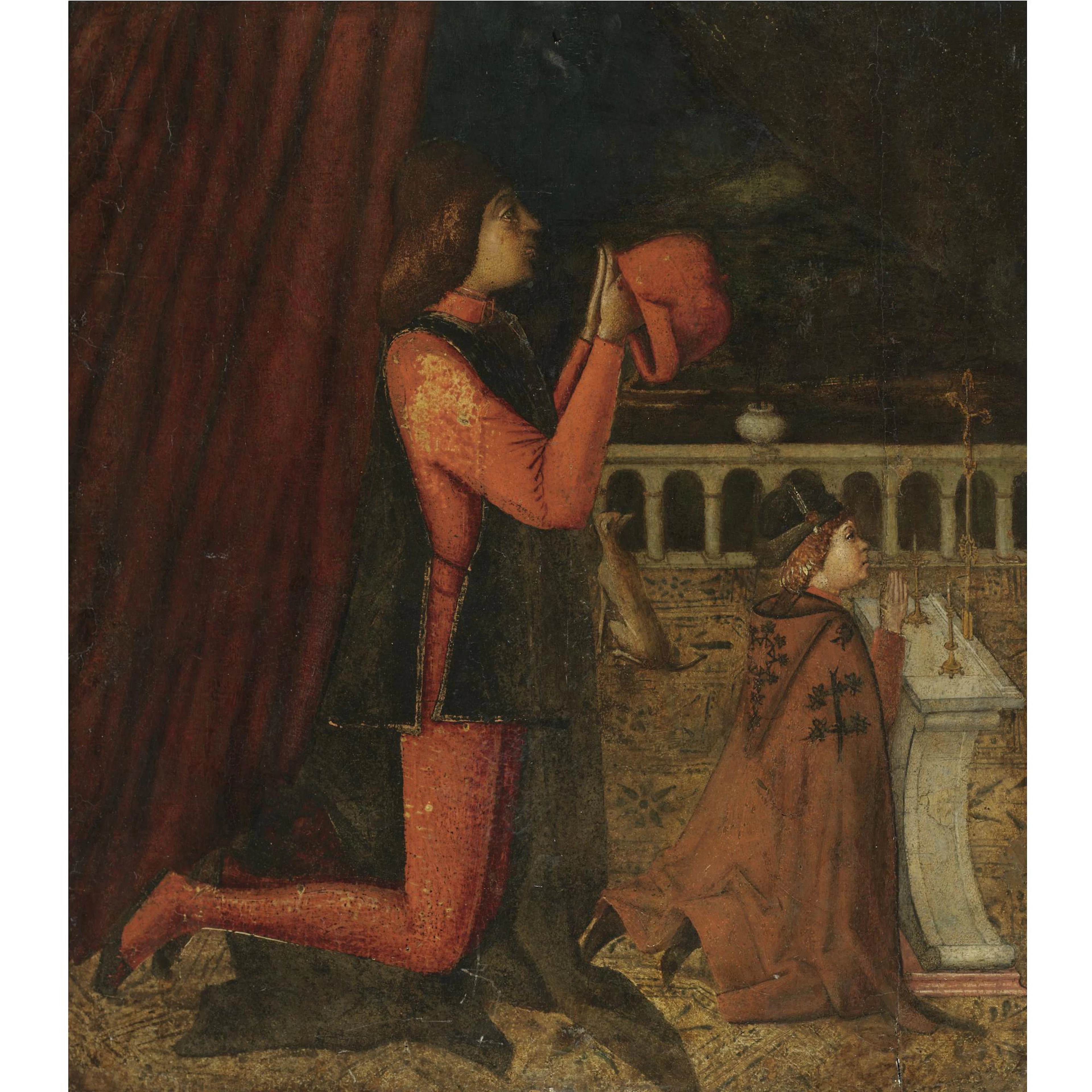 A gentleman and his son kneeling at prayer before an altar