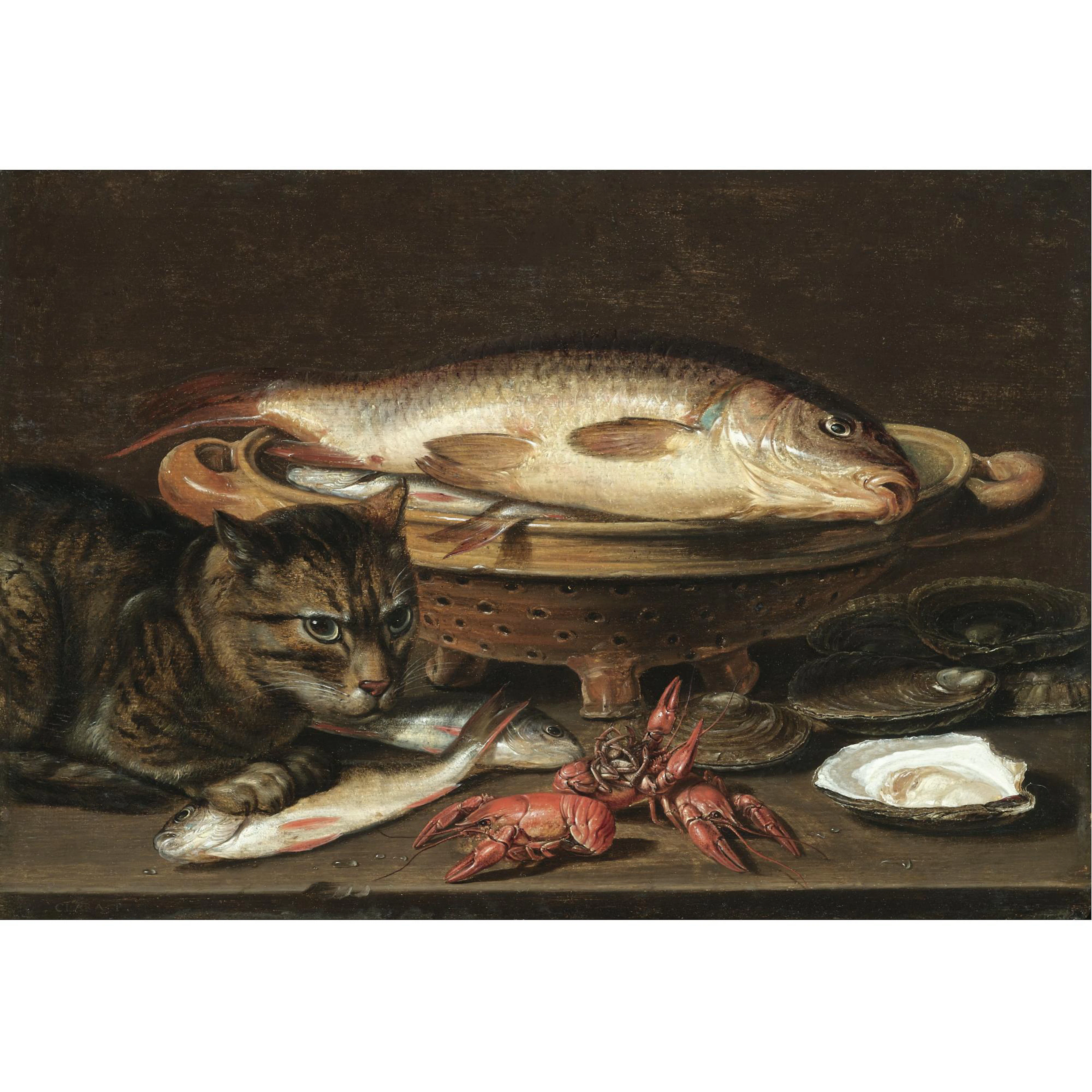 a still life with fish in a ceramic colander, oysters, langoustines, mackerel and a cat on the ledge beneath 