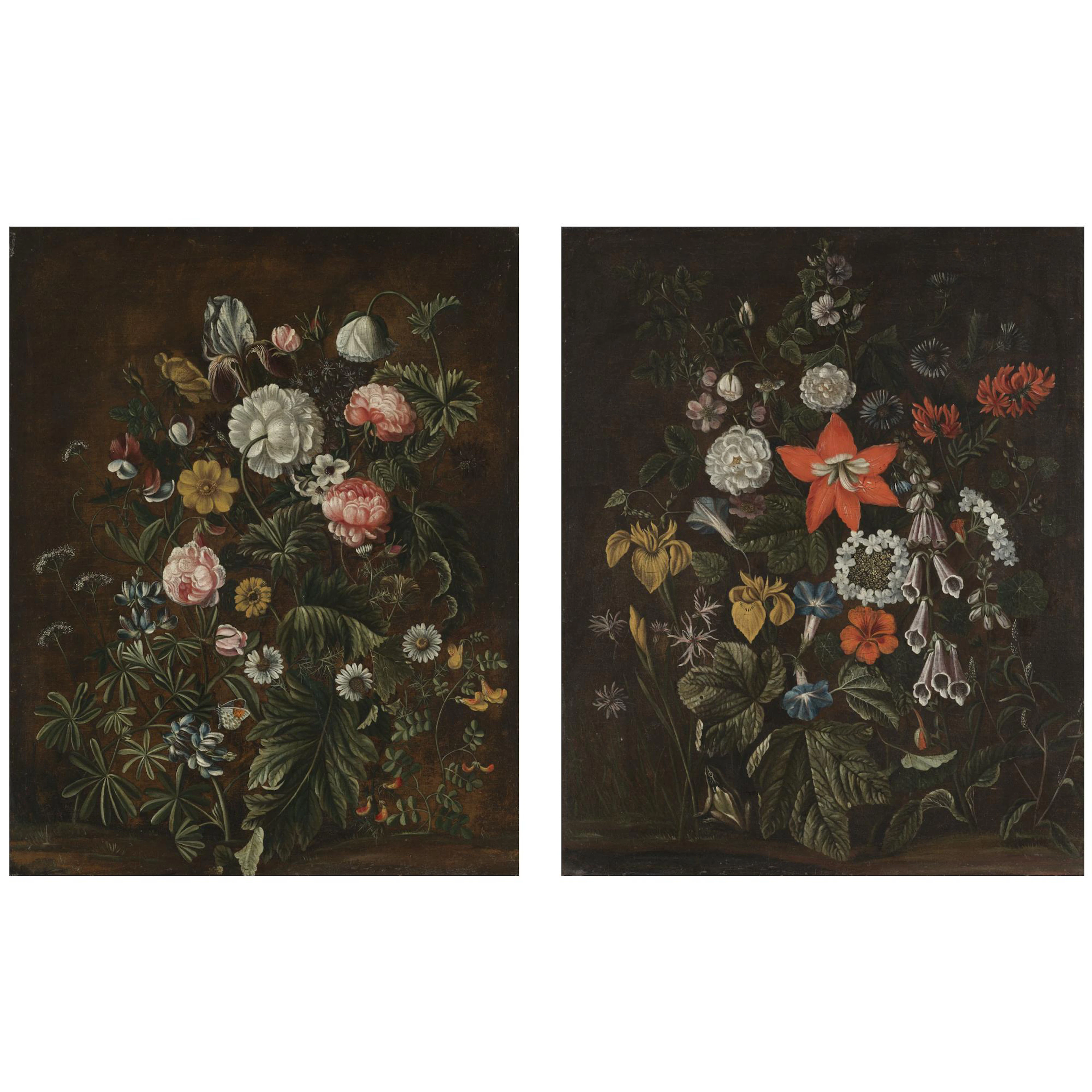 a still life with Irises, morning glory, fox gloves, a red lily and other flowers on a forest floor;a still life with Roses, daisies and an iris, and other flowers on a forest floor