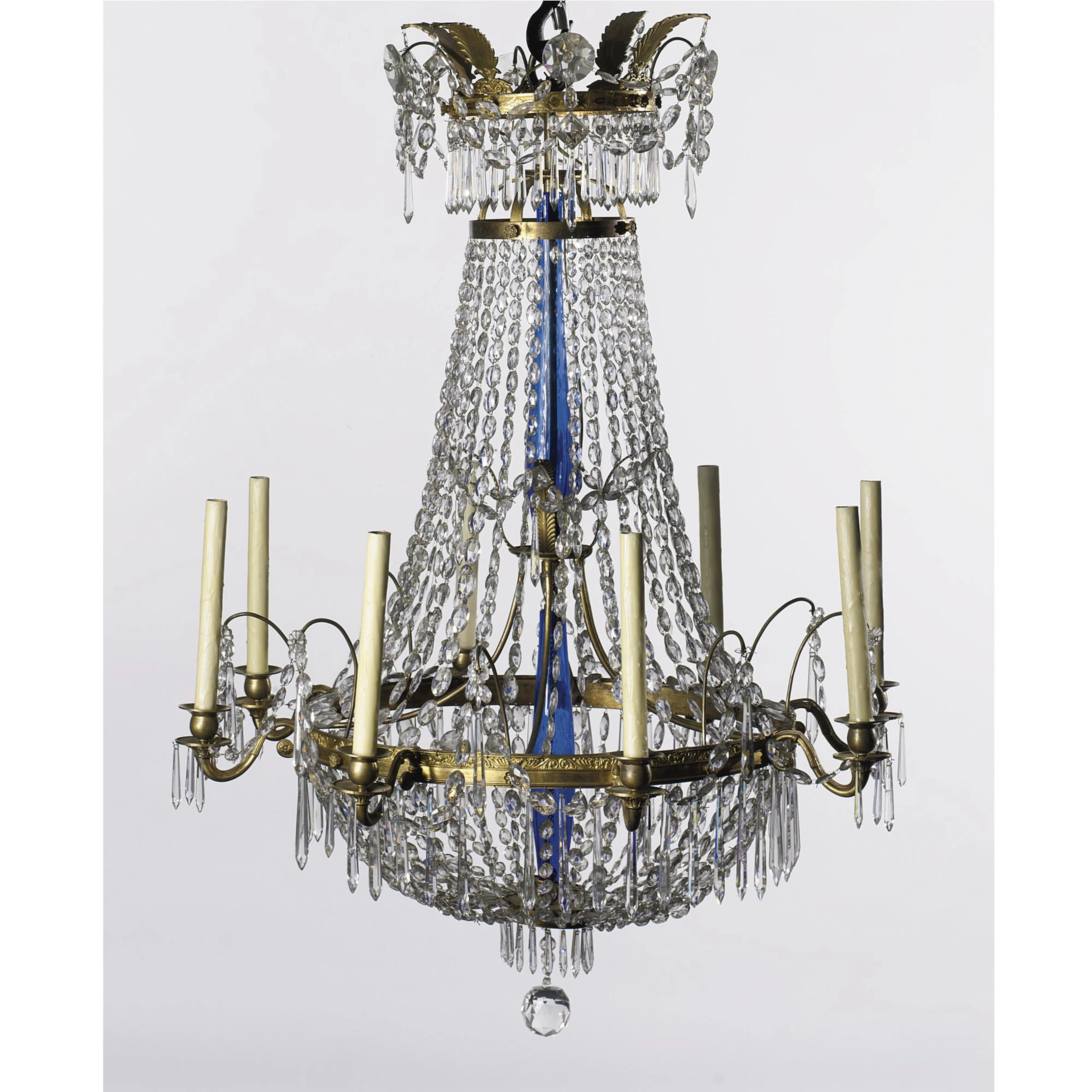 A Baltic Neoclassical Ormolu, Cut-Glass and Cobalt Glass Eight-Light Chandelier