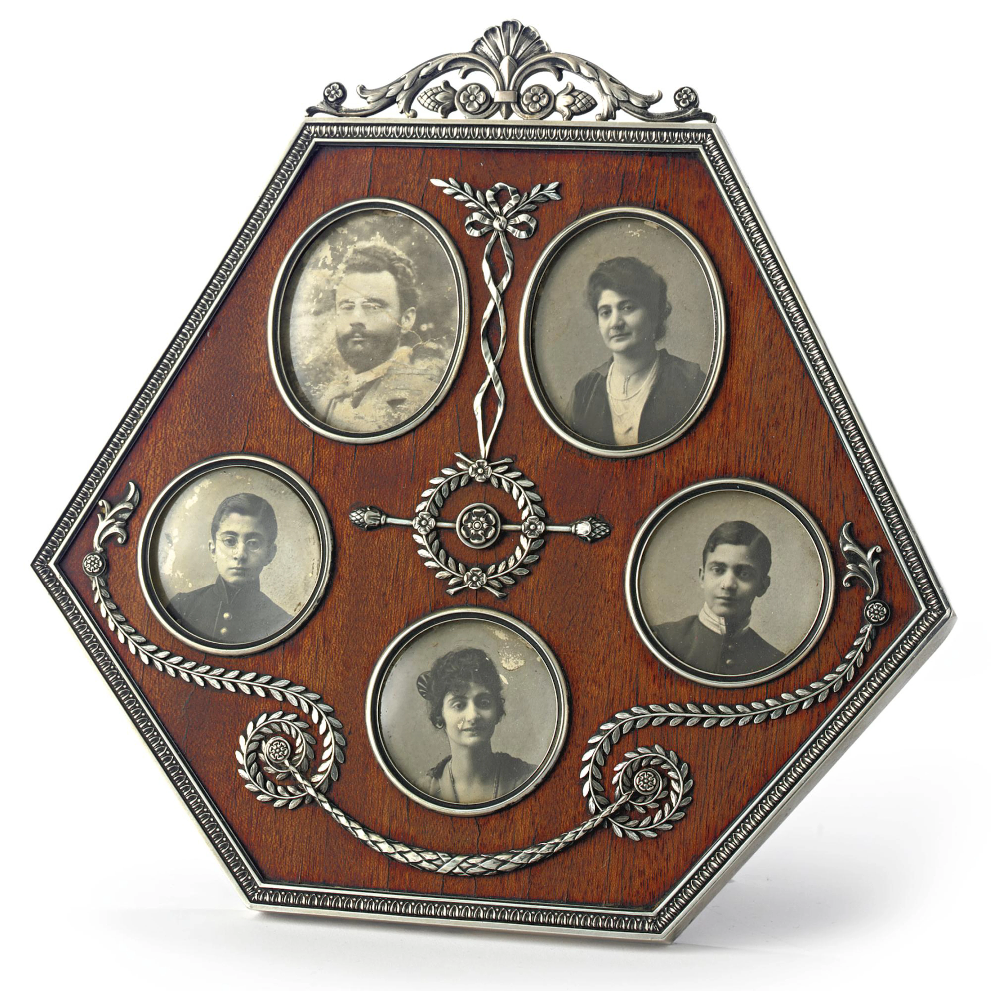a fabergé silver and wood multiple photograph frame