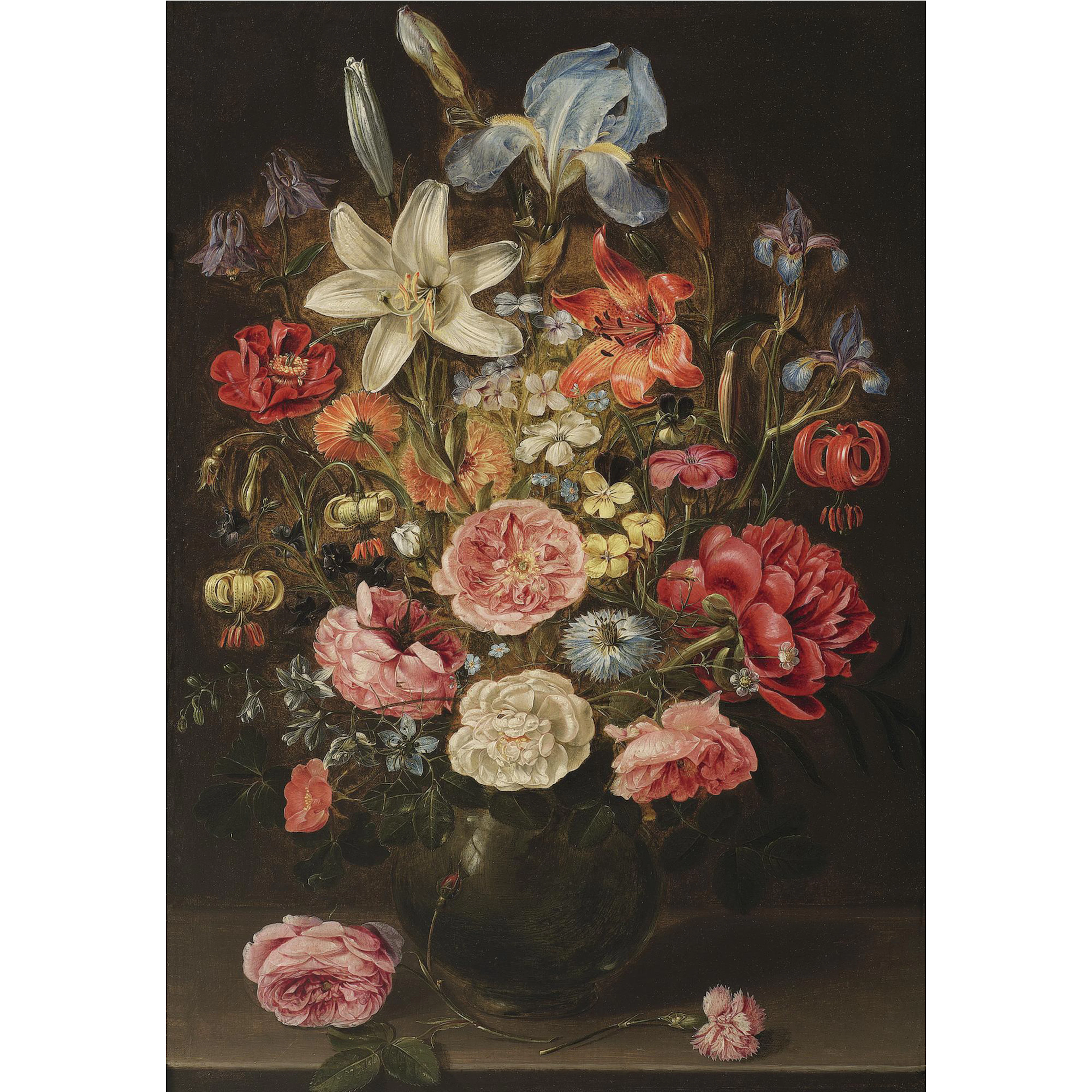 A still life of lilies, roses, iris, pansies, columbine, love-in-a-mist, larkspur and other flowers in a glass vase on a table top, flanked by a rose and a carnation