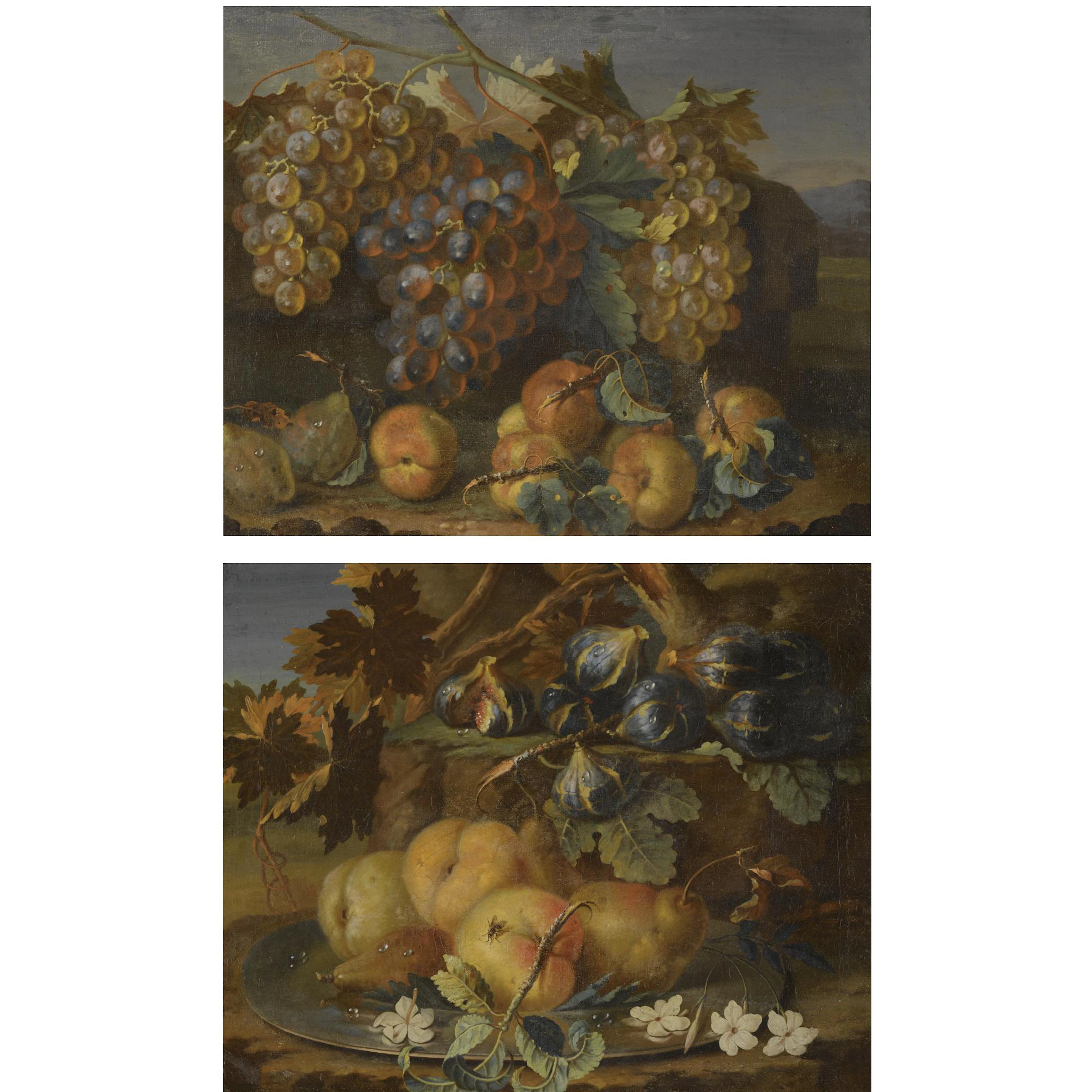 A still life of grapes on the vine, plums and peaches in a landscape;A still life of peaches and pears on a silver tazza, together with figs