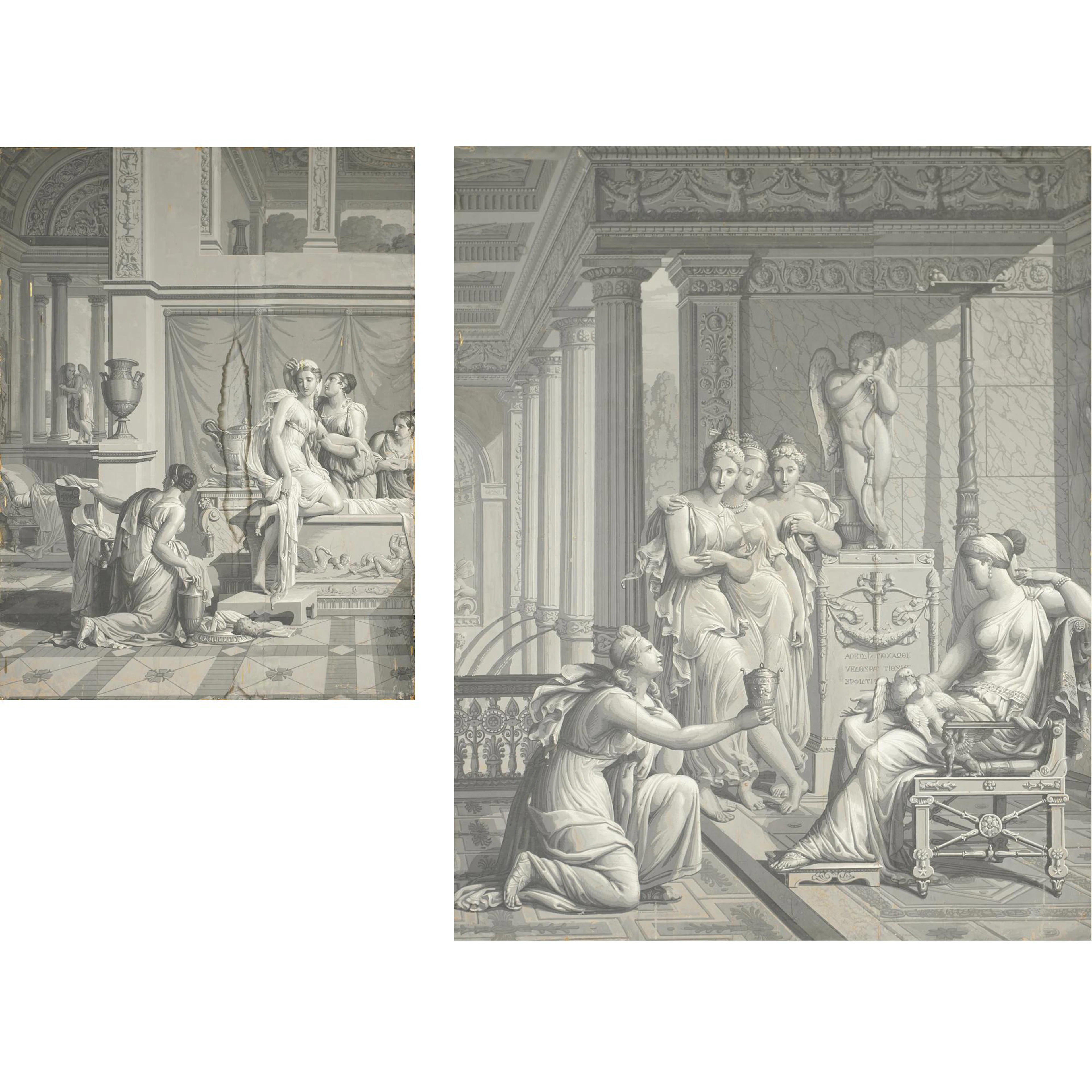 Two grisaille papier paint panels made by the manufacture of Dufour et Leroy