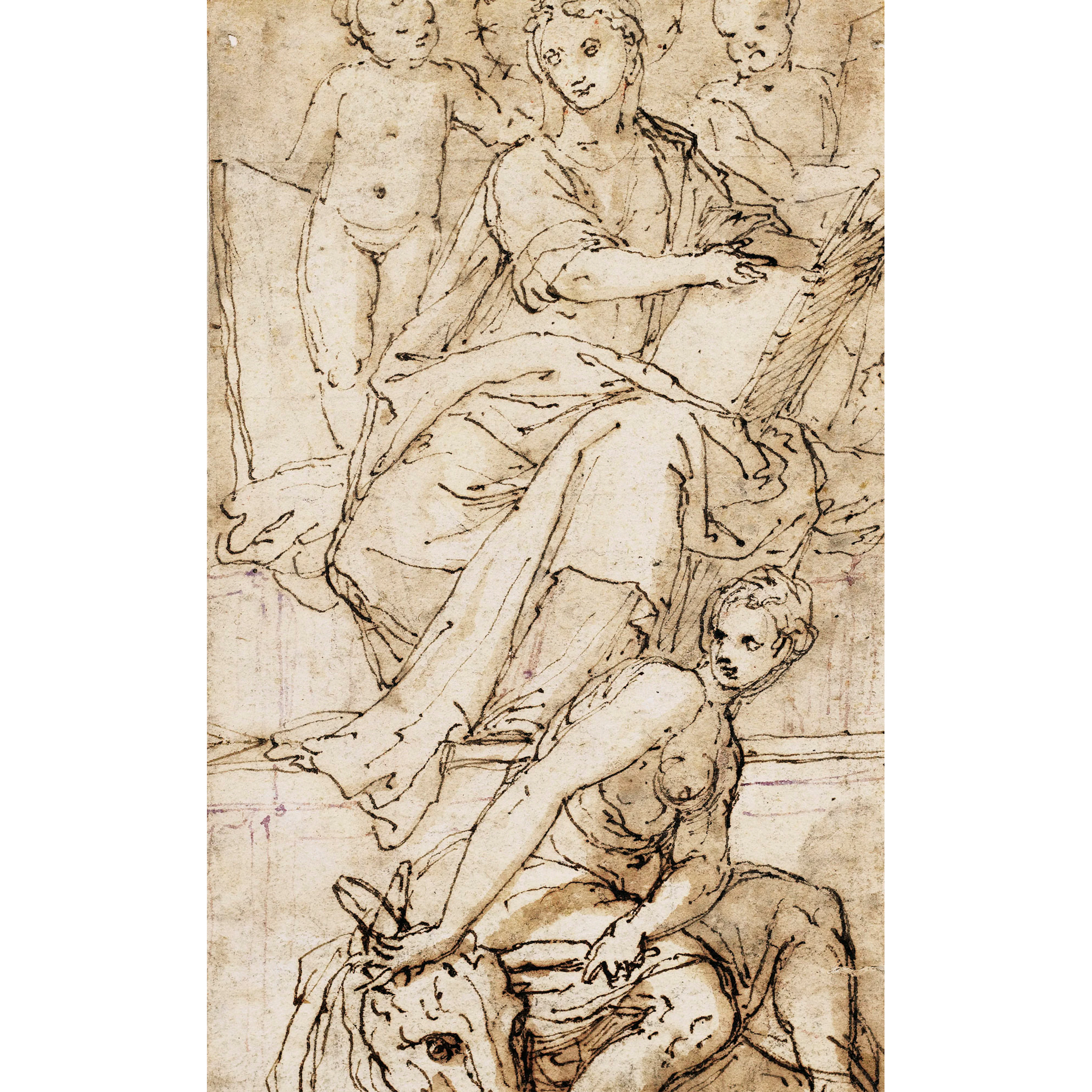 a) Entourage de Pietro Buonaccorsi, dit Perino del Vaga, Figures allégoriques;b) Ecole romaine, Apôtre;c) Deux putti;d) Ecole siennoise, Vue présumée du château Scaliger à Sirmione;e) Portrait d'homme