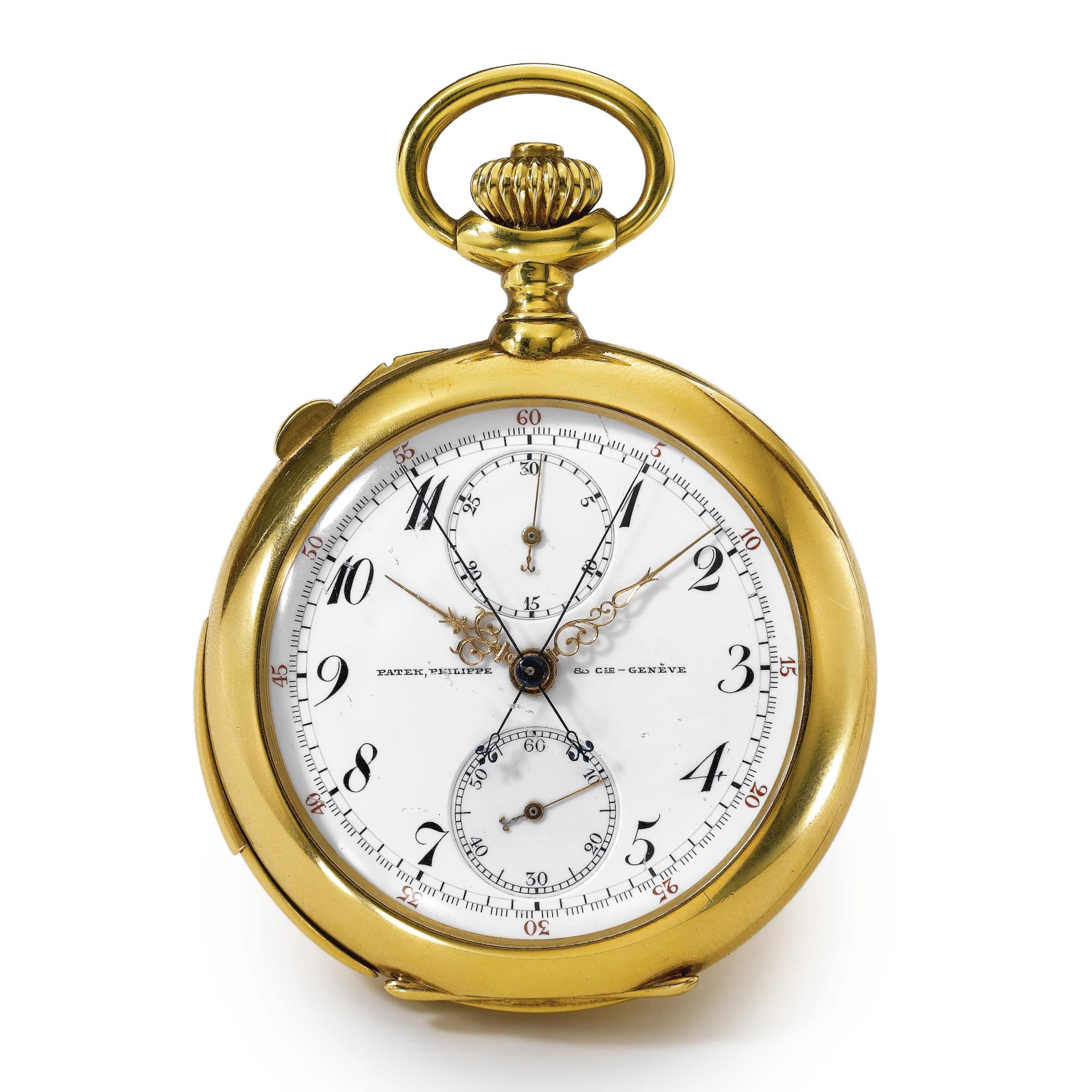 A YELLOW GOLD OPEN-FACED MINUTE REPEATING SPLIT SECOND CHRONOGRAPH WATCH WITH REGISTER1904 MVT 124910 CASE 240755