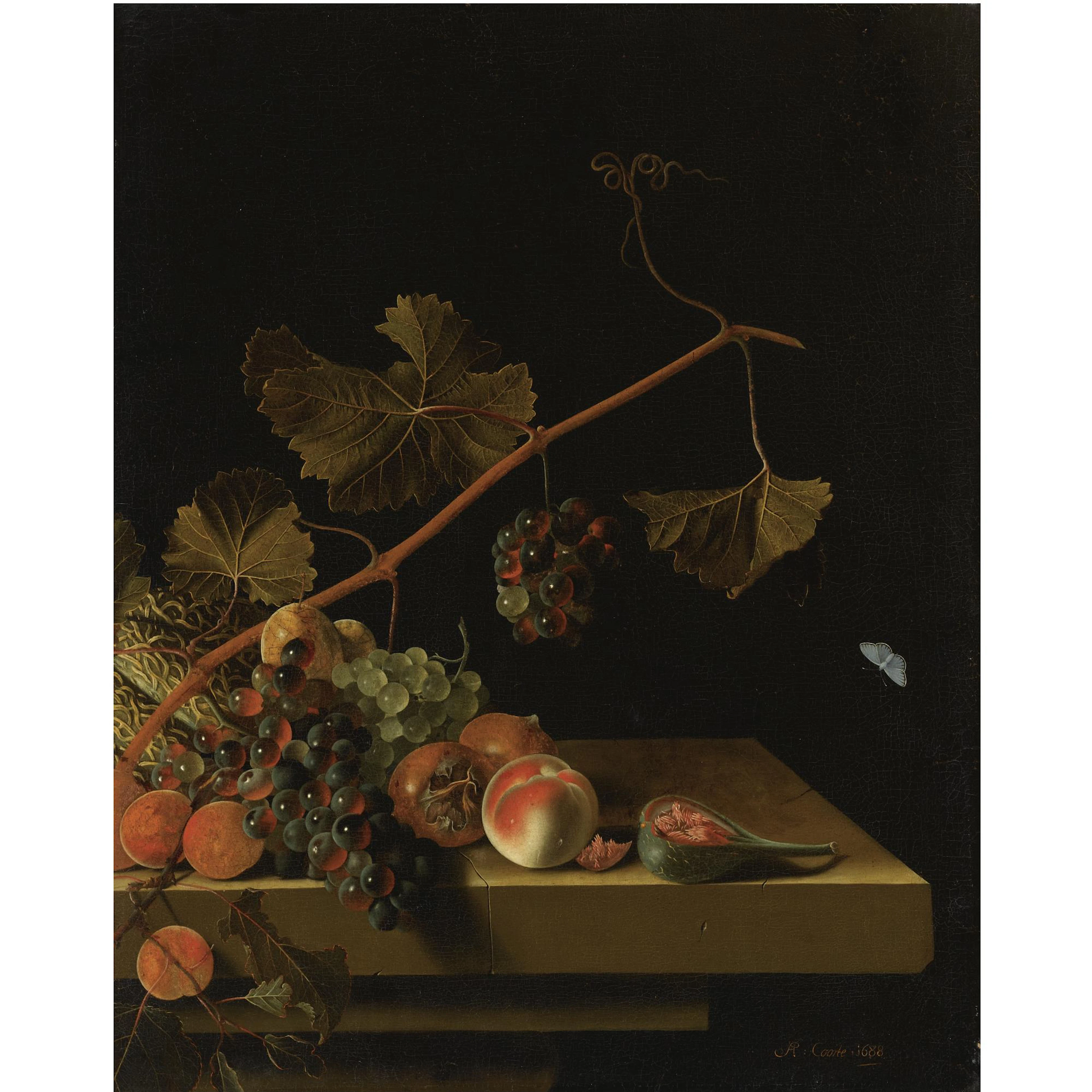 still life of a vine twig with grapes, peaches, apricots, medlars, a melon and a halved fig, resting on a stone ledge