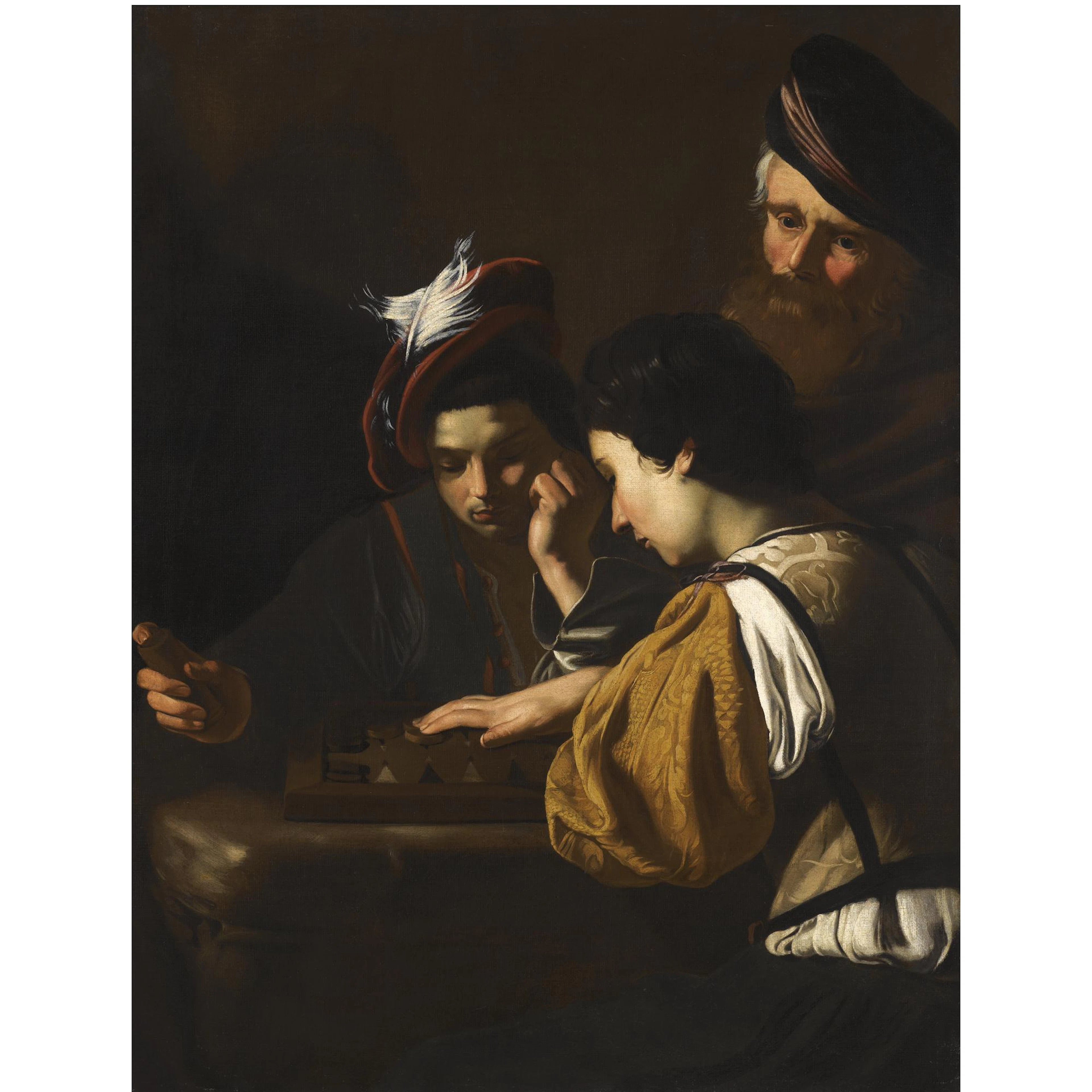 Young Boys Playing Backgammon An Old Man Watching in the Background