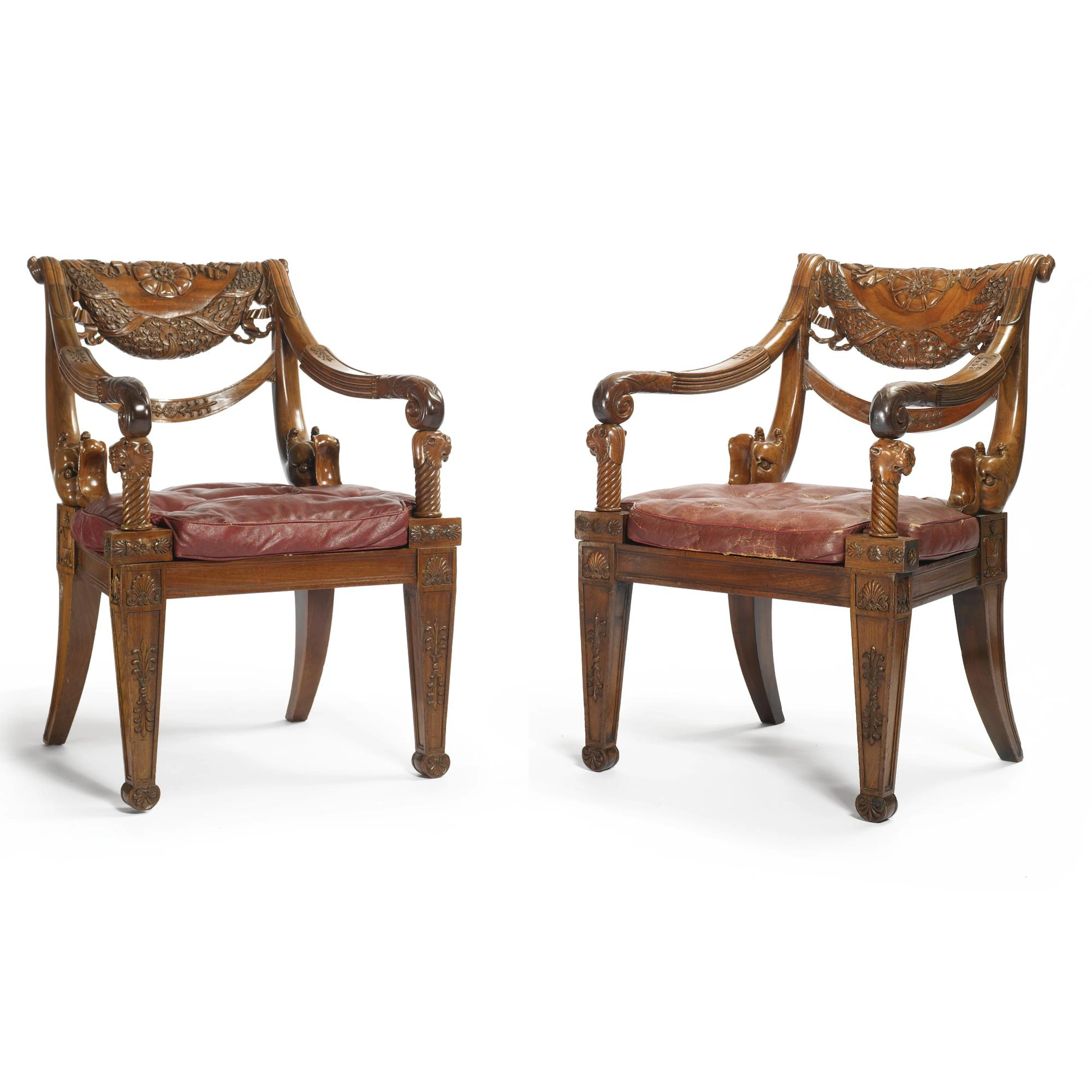 A highly important pair of George IV mahogany armchairs from Hamilton Palace, circa 1827, after Charles Percier