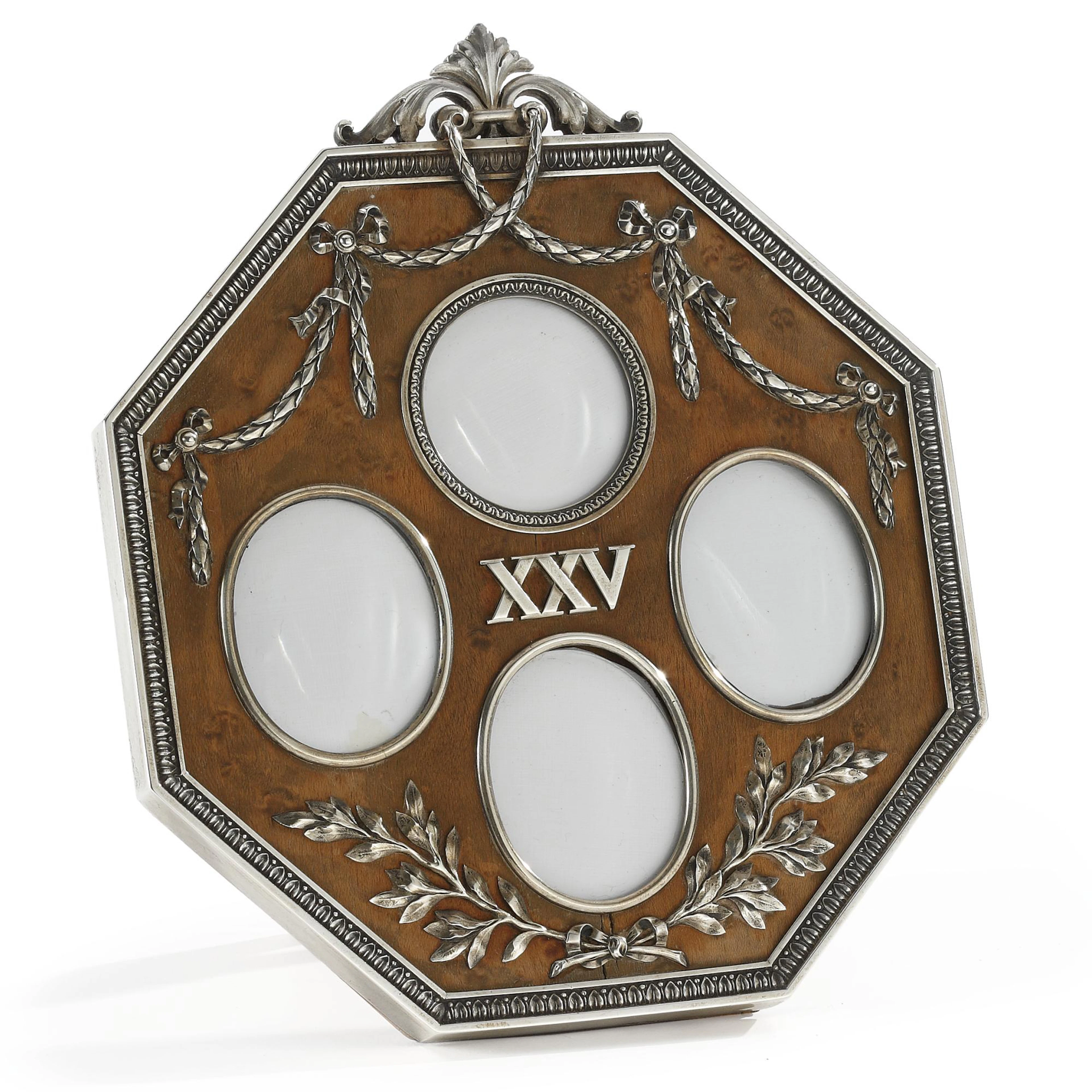 a fabergé silver and wood multiple photograph frame