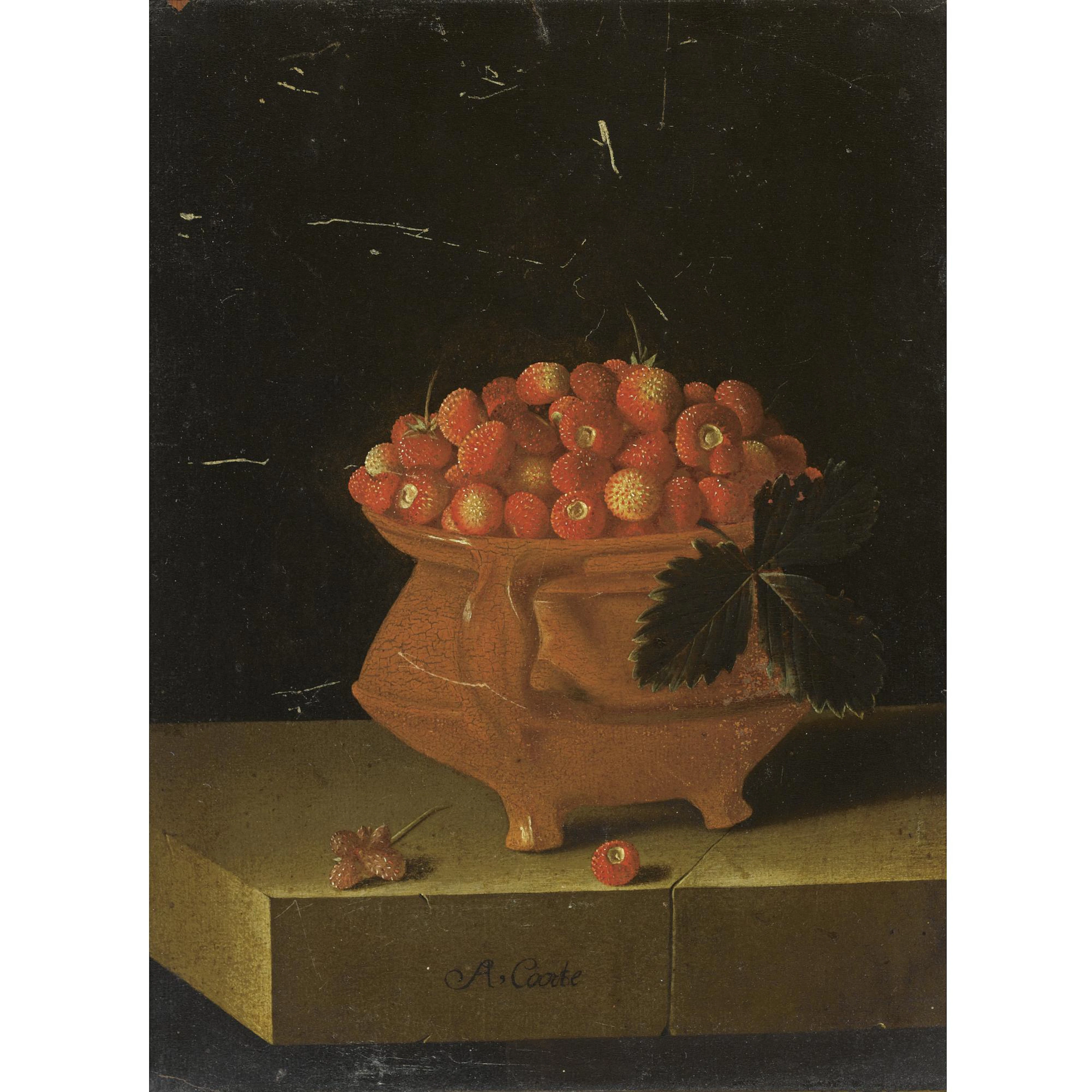 Still life of strawberries in an earthenware bowl, on a stone ledge