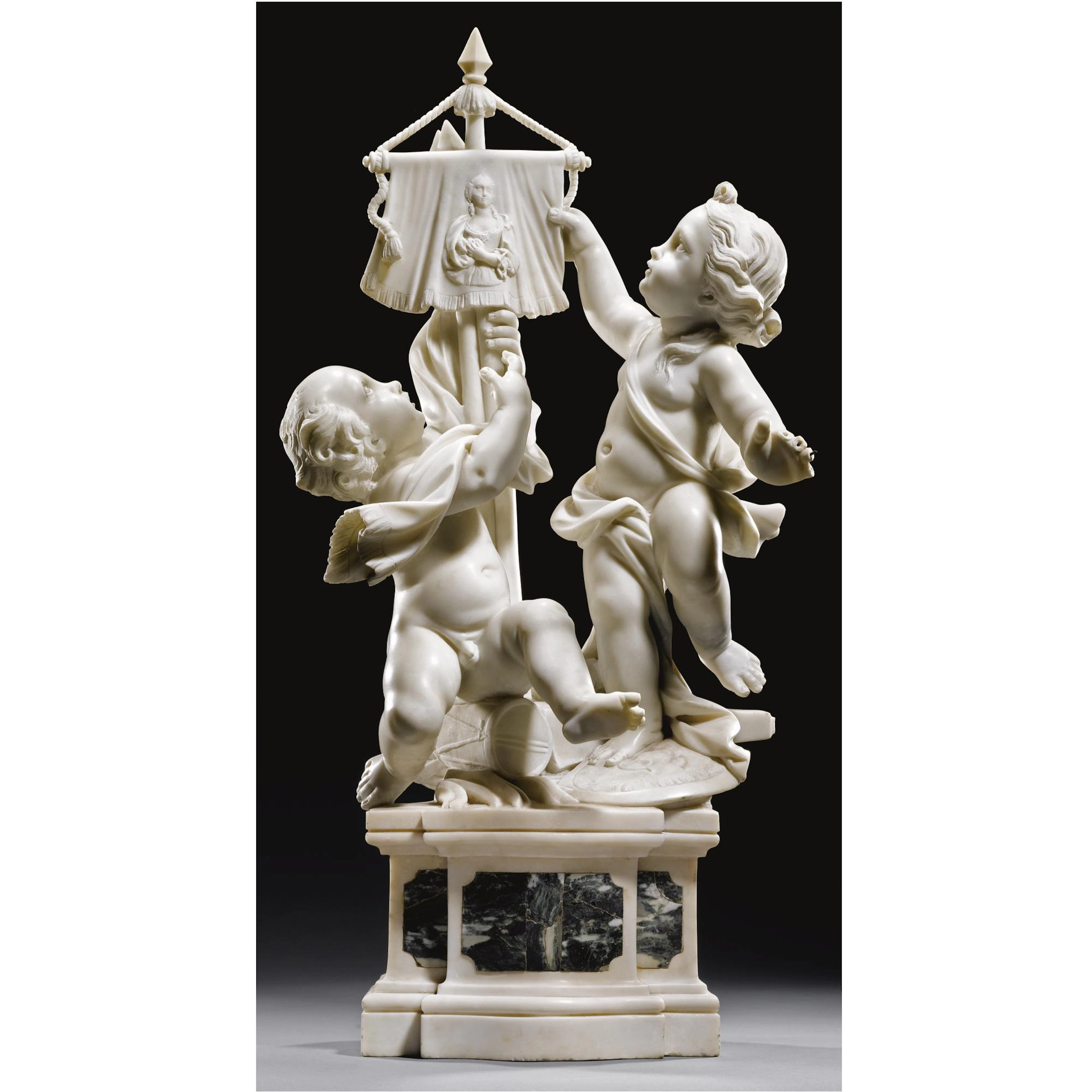 two putti adoring a banner with a female figure