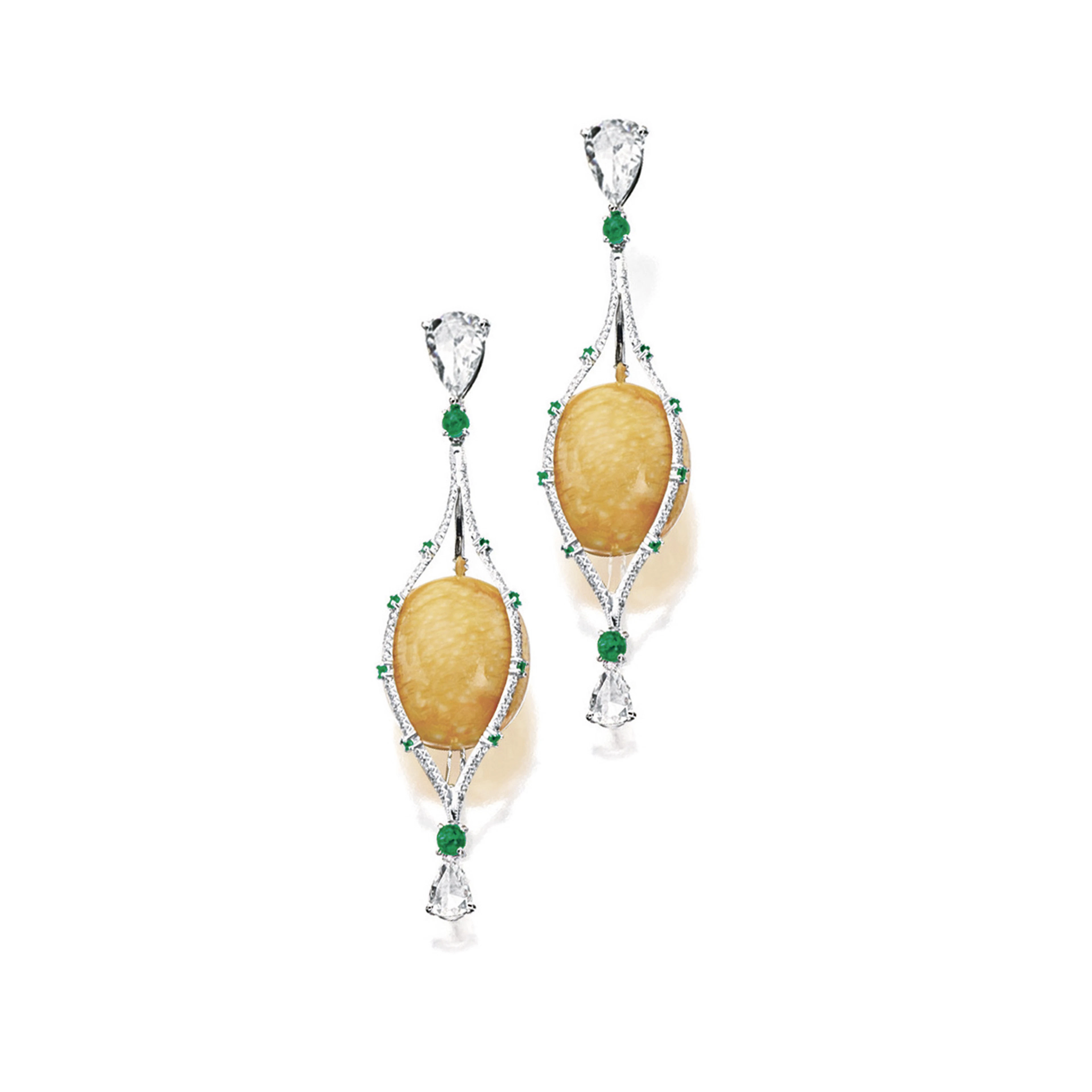 PAIR OF MELO PEARL, DIAMOND AND EMERALD PENDENT EARRINGS, MELO P APPROX TTL 54.82 CTS, DIA APPROX TTL 2.80 CTS