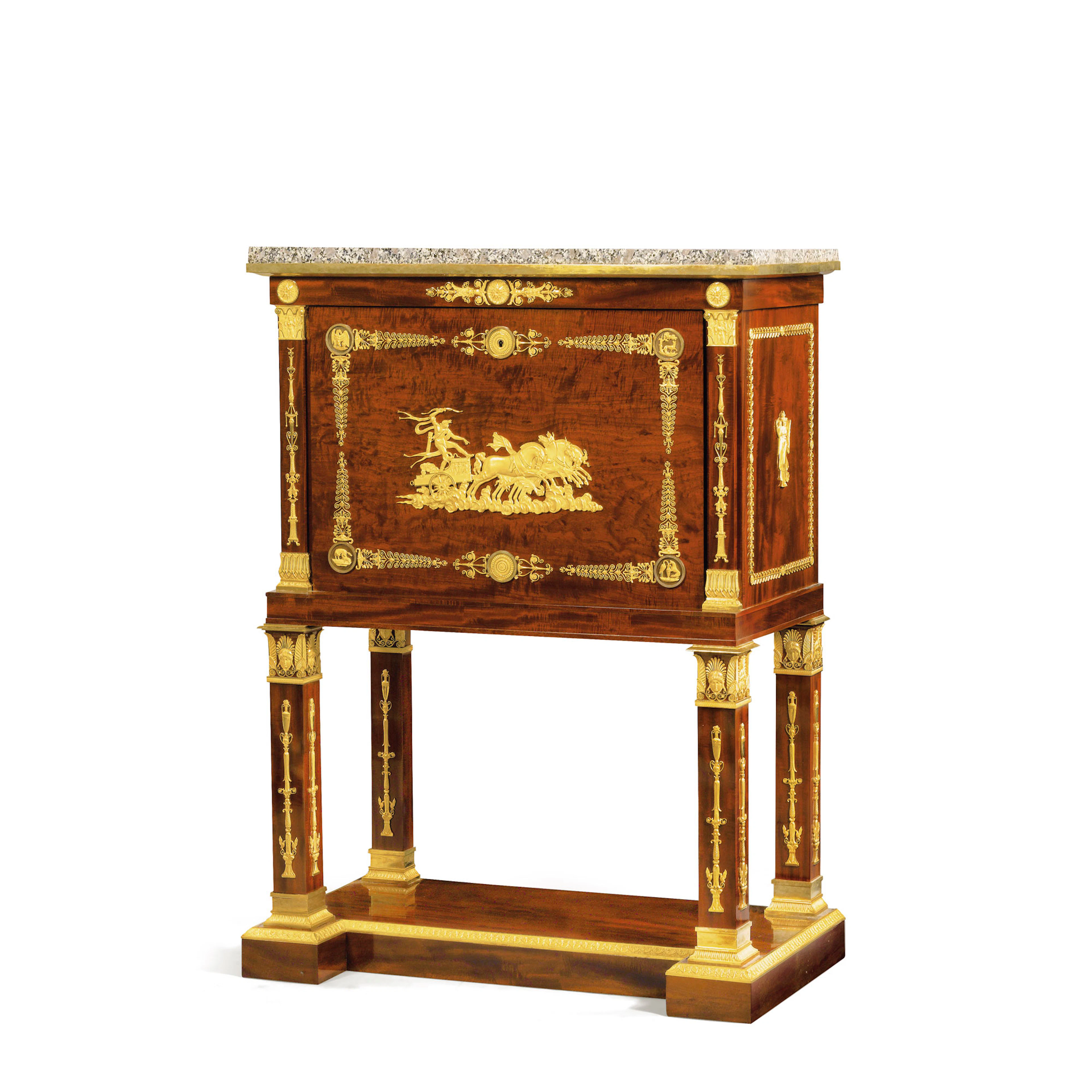 Exceptionnel secrétaire en cabinet en acajou moucheté d'époque Empire attribué à Jacob-Desmalter, bronzes à Thomire