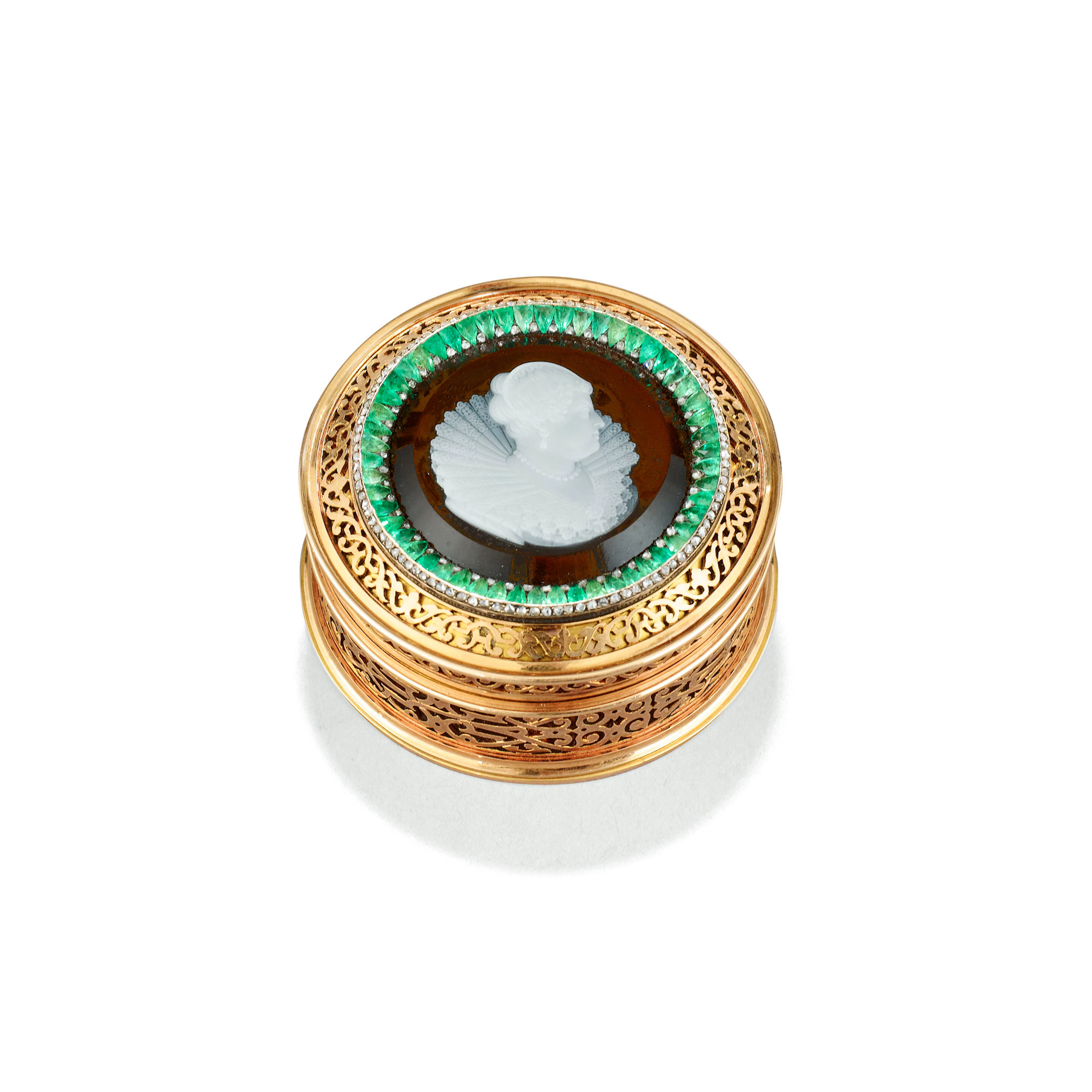bonbonnière ronde en or et pierres précieuses sertie d'un camée de Marie de Médicis en agate, Frédéric Boucheron, Paris, vers 1881  