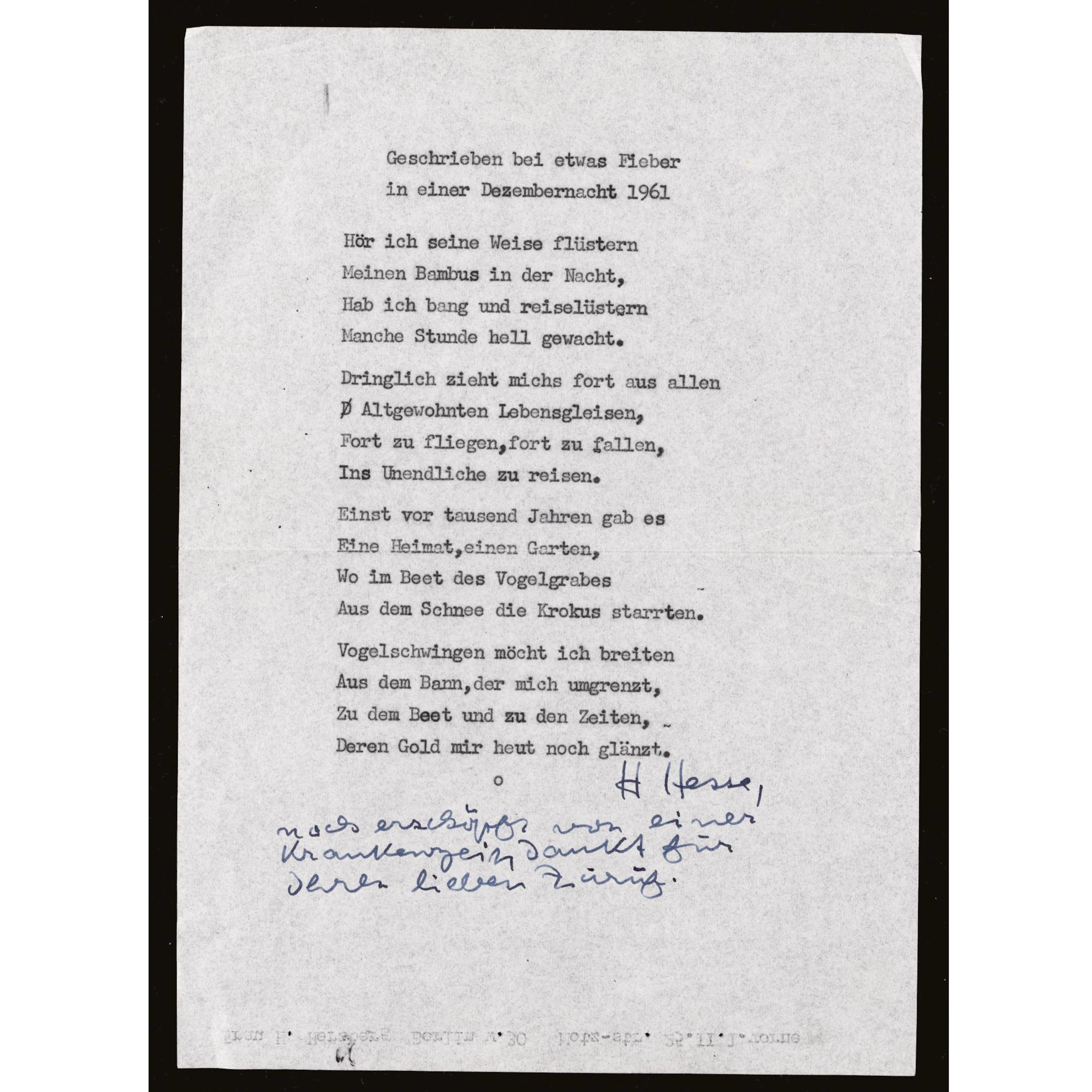 Collection of twenty-two printed or carbon-copy typescripts of poems and other writings, signed ("H. Hesse", "H.H.")