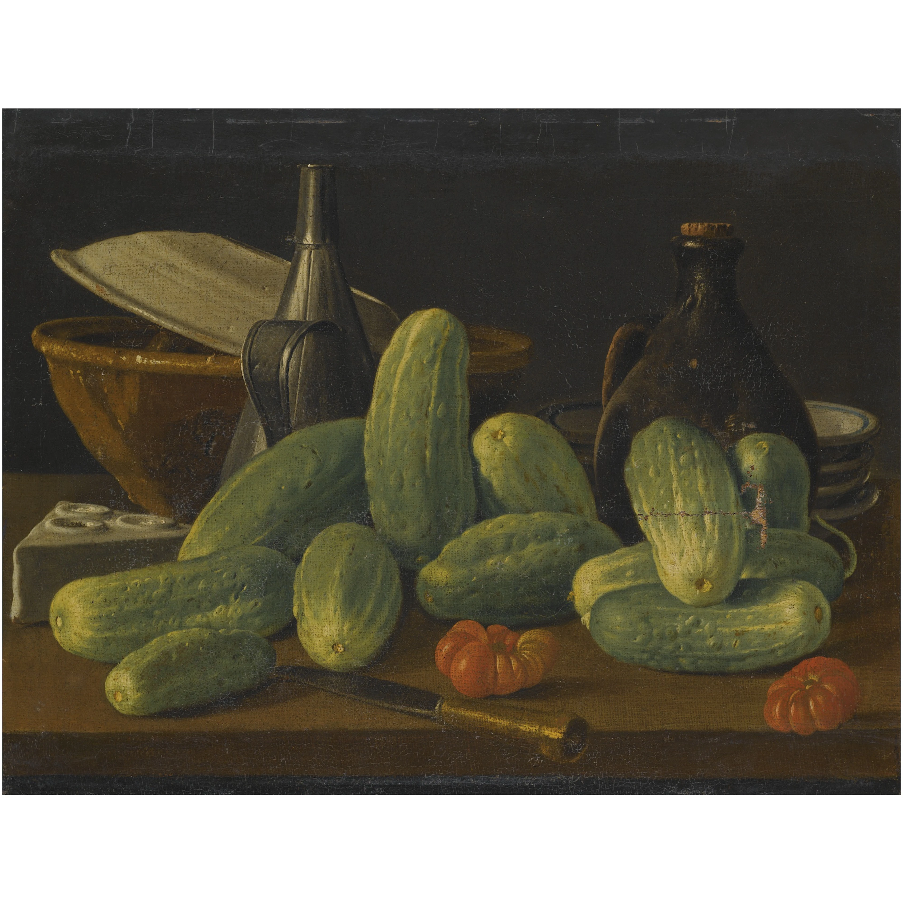 still life with cucumbers and tomatoes together with a knife and other kitchen utensils upon a wooden table