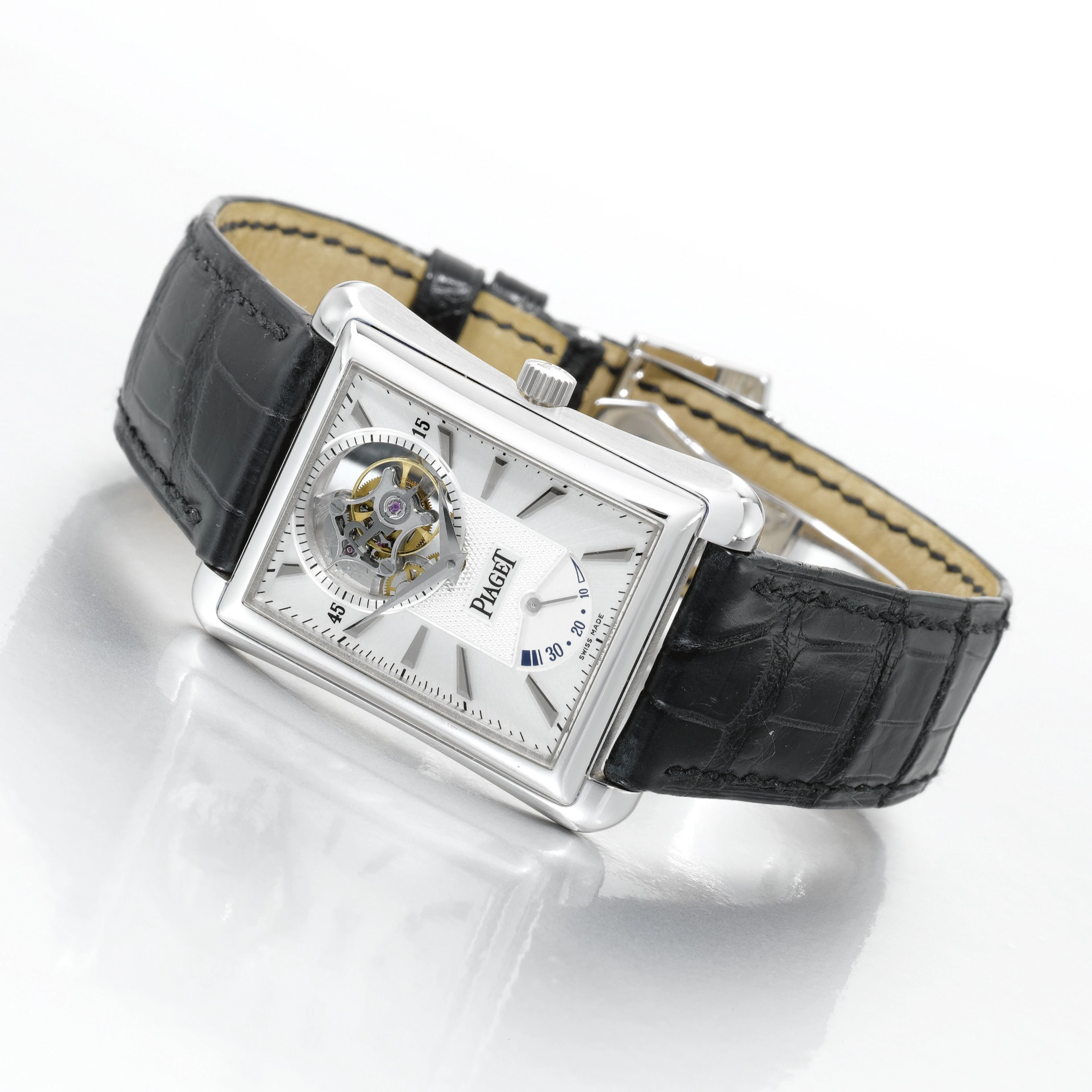 A FINE 18K WHITE GOLD FLARED RECTANGULAR TOURBILLON WRISTWATCH WITH POWER RESERVECIRCA 2005 REF P10106 EMPERADOR NO 04