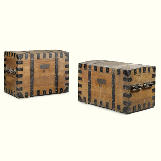 Two victorian oak and iron bound silver chests