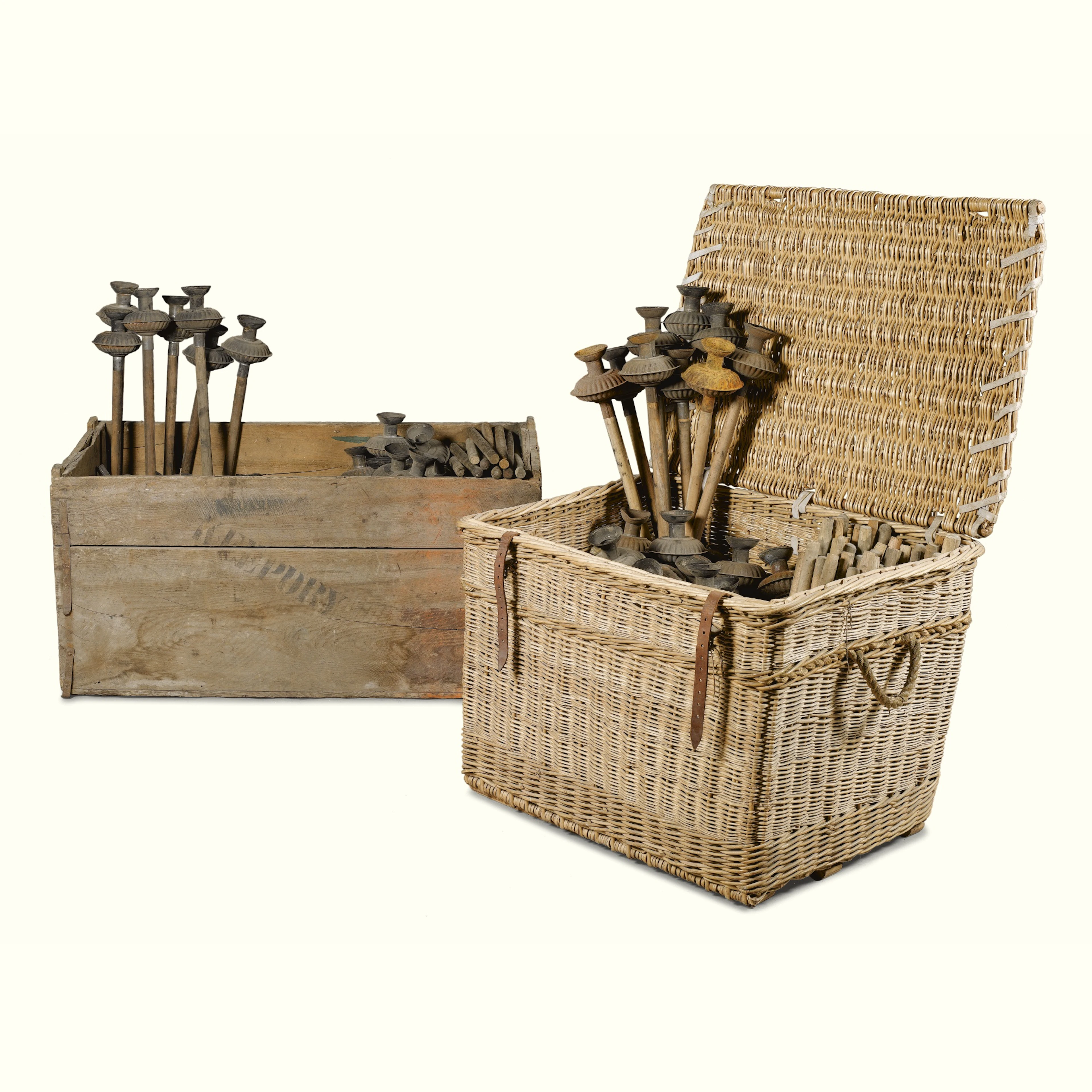 A large quantity of garden torchères together with twelve weighted lamp or chandelier supports (qty)
