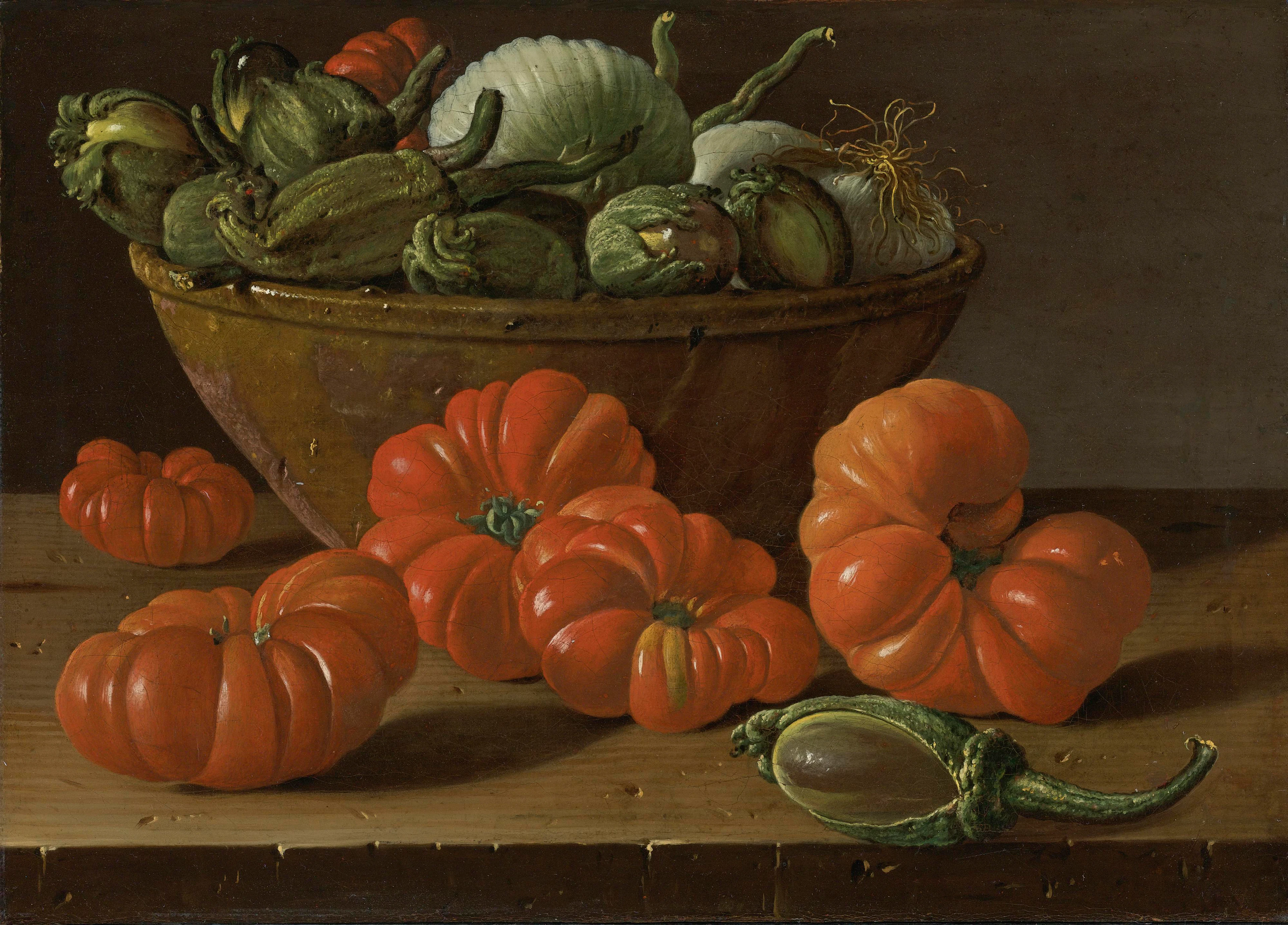 Still life with tomatoes, a bowl of aubergines and onions