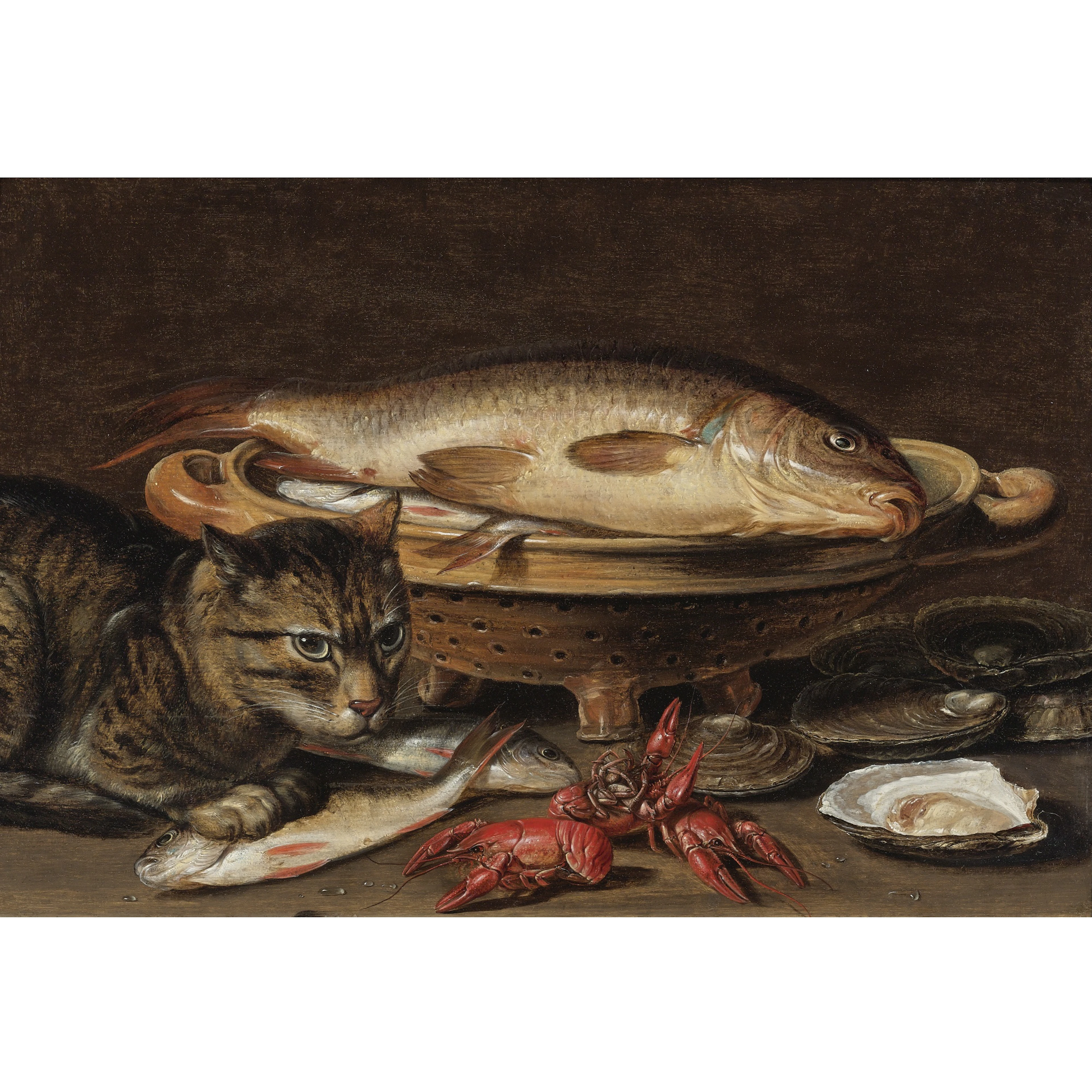 A STILL LIFE WITH FISH IN A CERAMIC COLLANDER, OYSTERS, LANGOUSTINES, MACKEREL AND A CAT ON THE LEDGE BENEATH