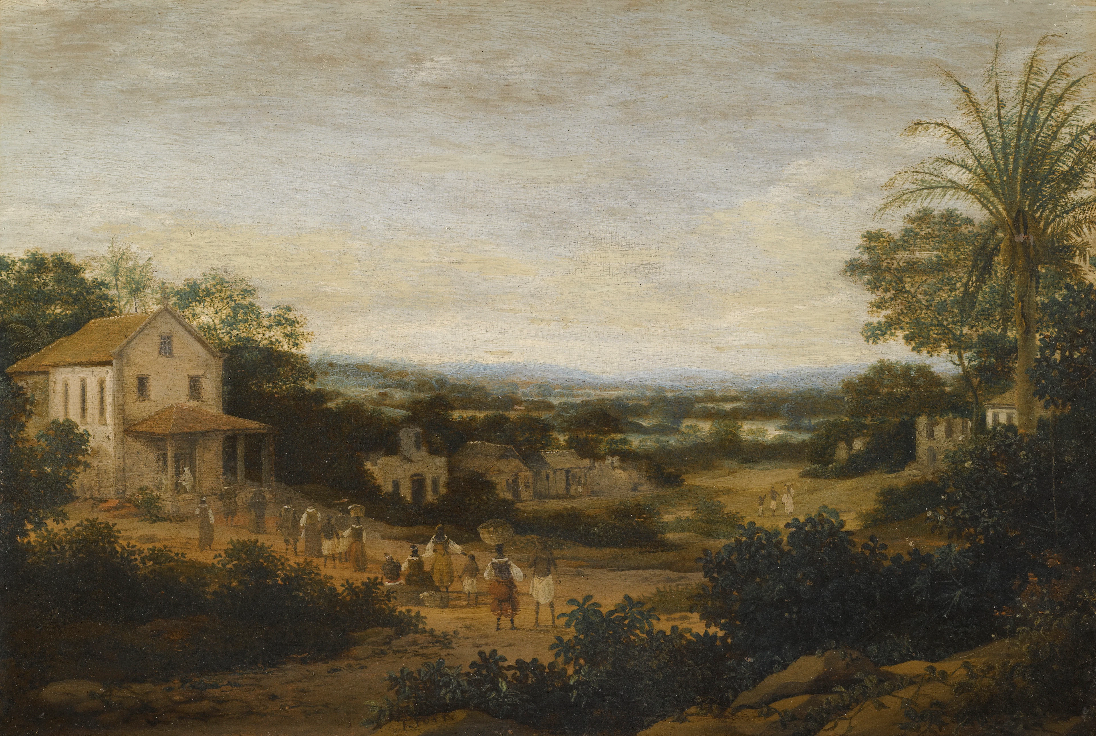 A landscape in Brazil looking down on the varzea, europeans and natives approaching a church in the foreground