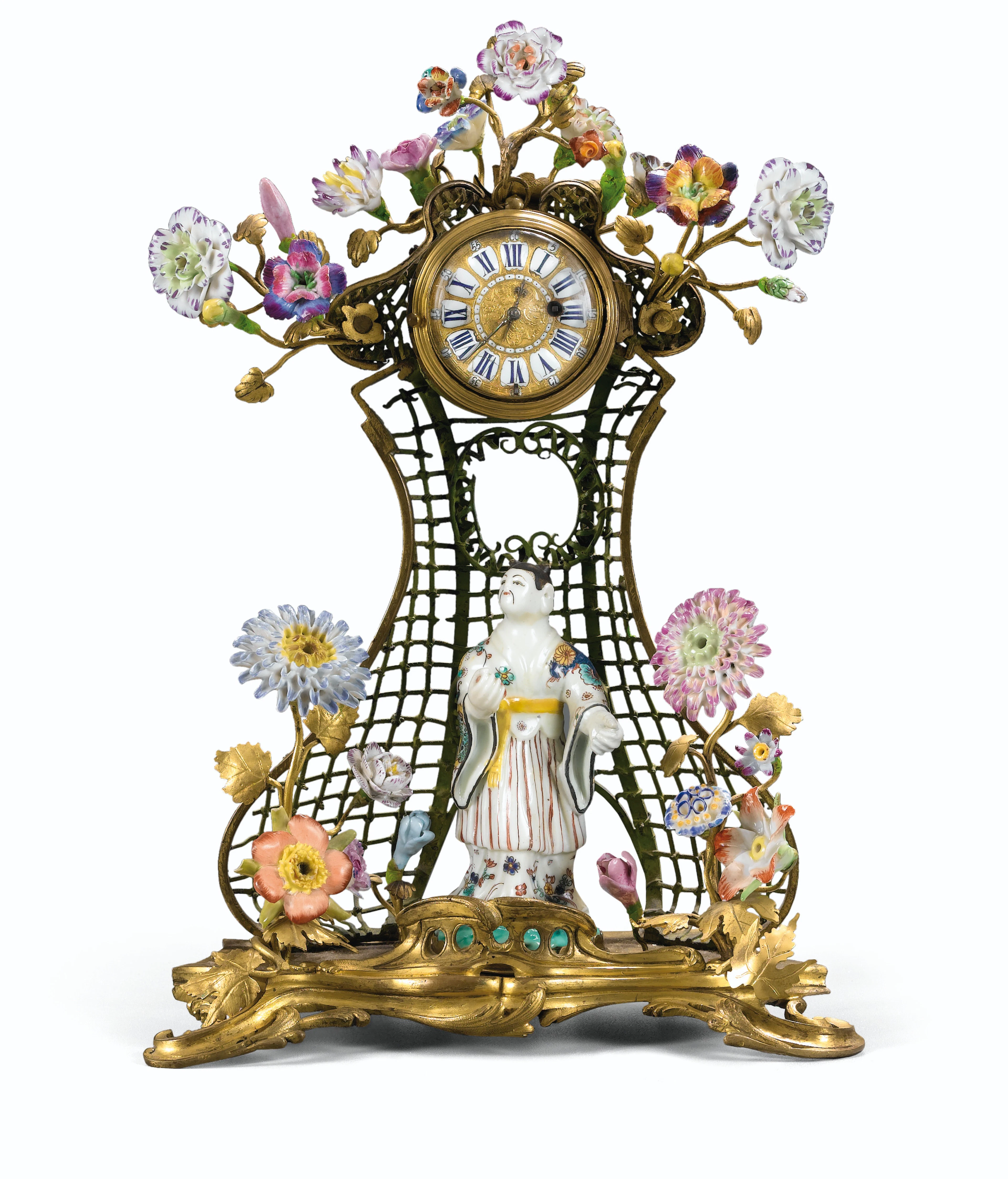 Porte montre et montre en porcelaine et bronze doré d'époque Louis XV