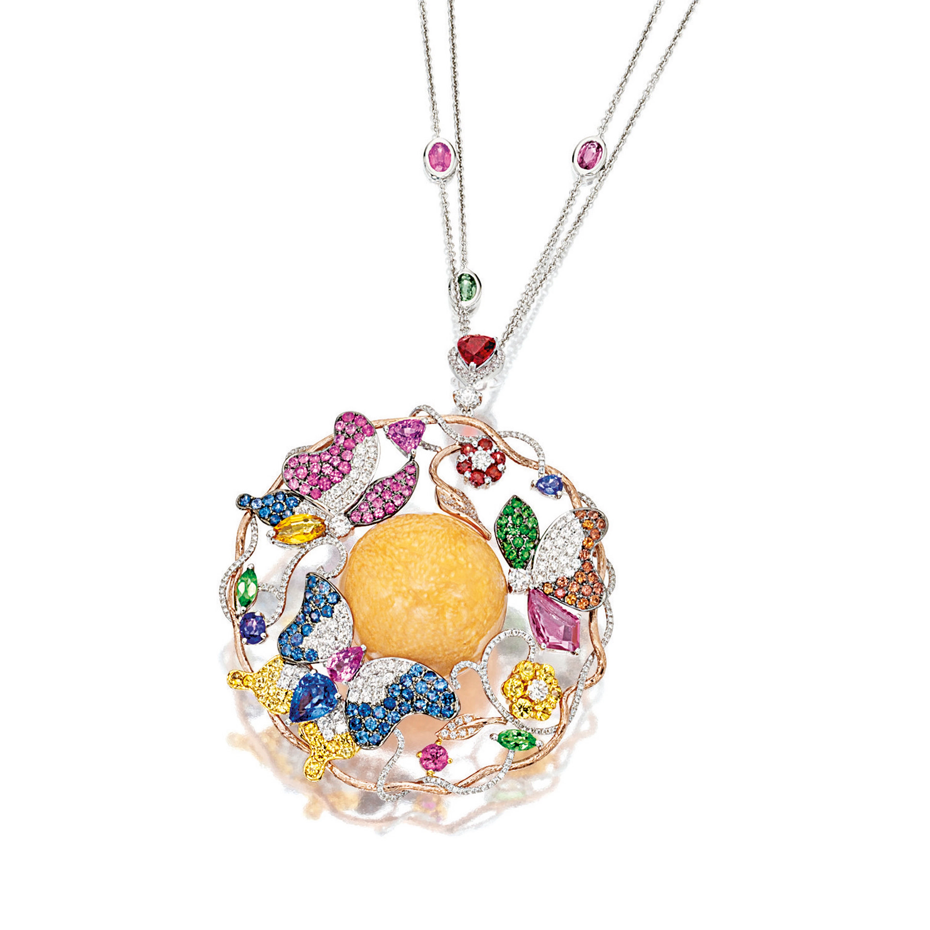 MELO PEARL, COLOURED SAPPHIRE, GEM-SET, AND DIAMOND PENDANT NECKLACE