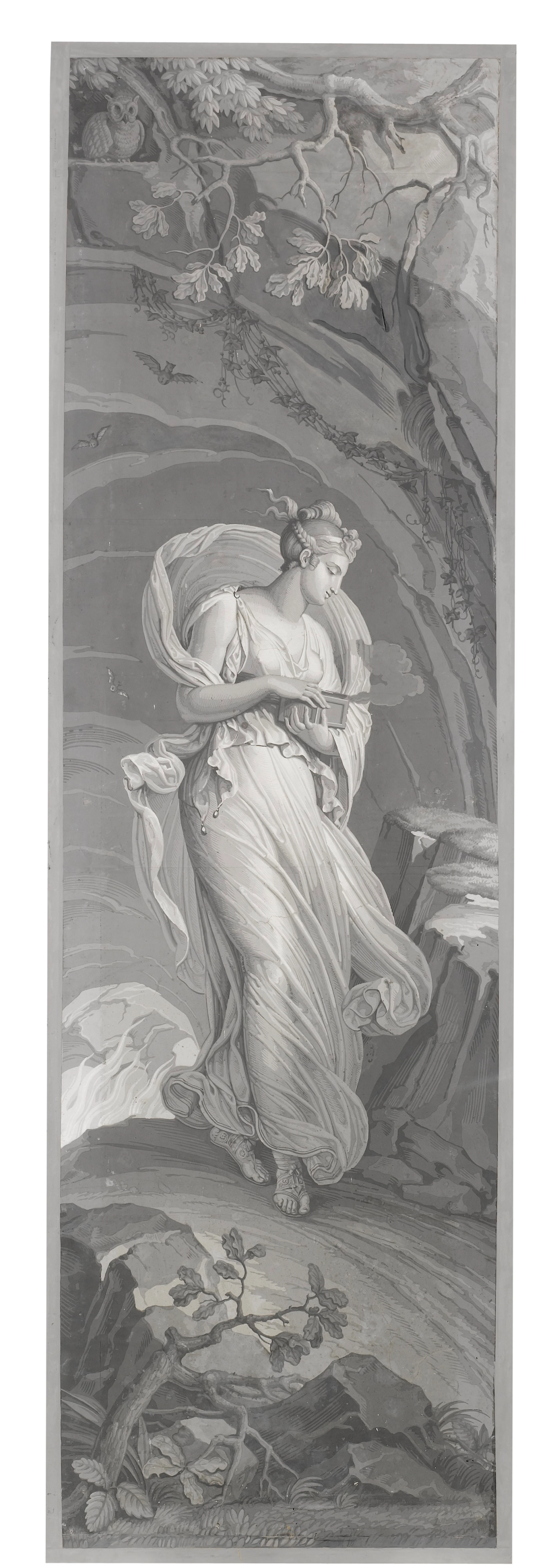 Four vertical French papiers peints 'en grisaille' by Dufour & cie depicting Psyche, Empire, circa 1817