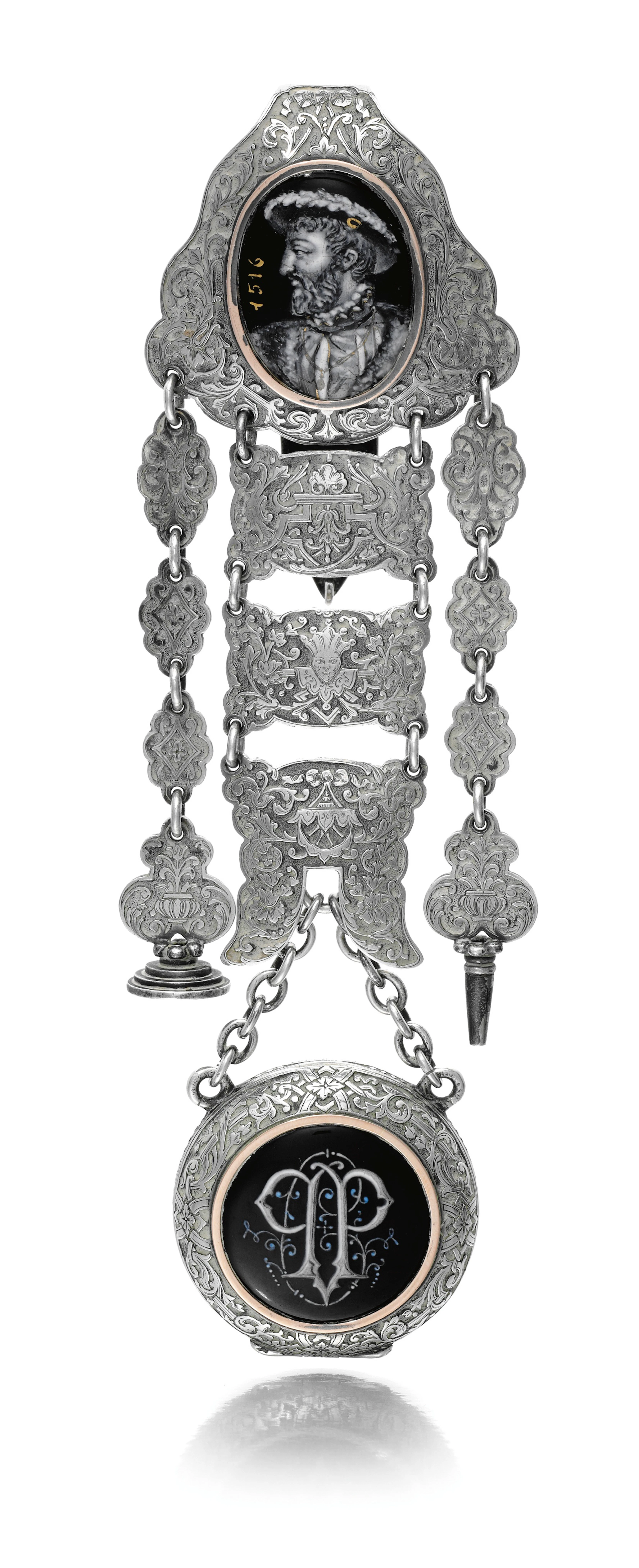A SILVER AND ENAMEL HALF HUNTER CASED WATCH WITH RENAISSANCE STYLE CHATELAINE CIRCA 1875